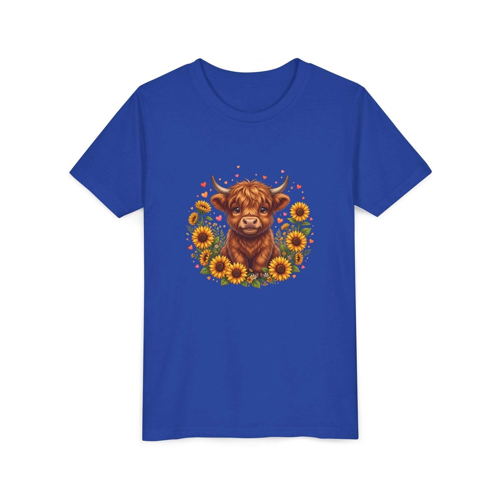Youth tee featuring Highland Cow with Sunflowers design on soft cotton fabric