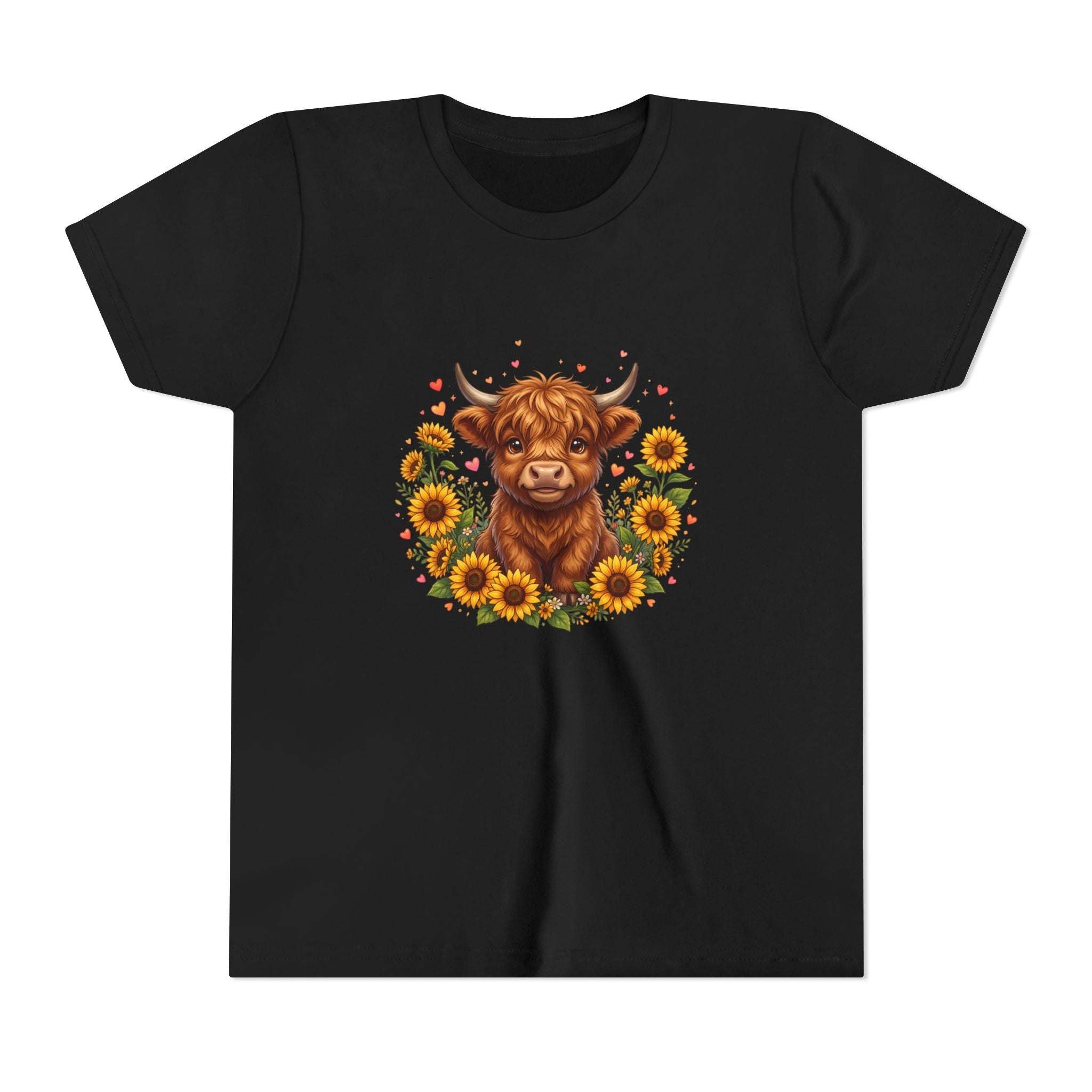 Highland Cow with Sunflowers Youth Tee | Cute Calf Floral Kids Shirt