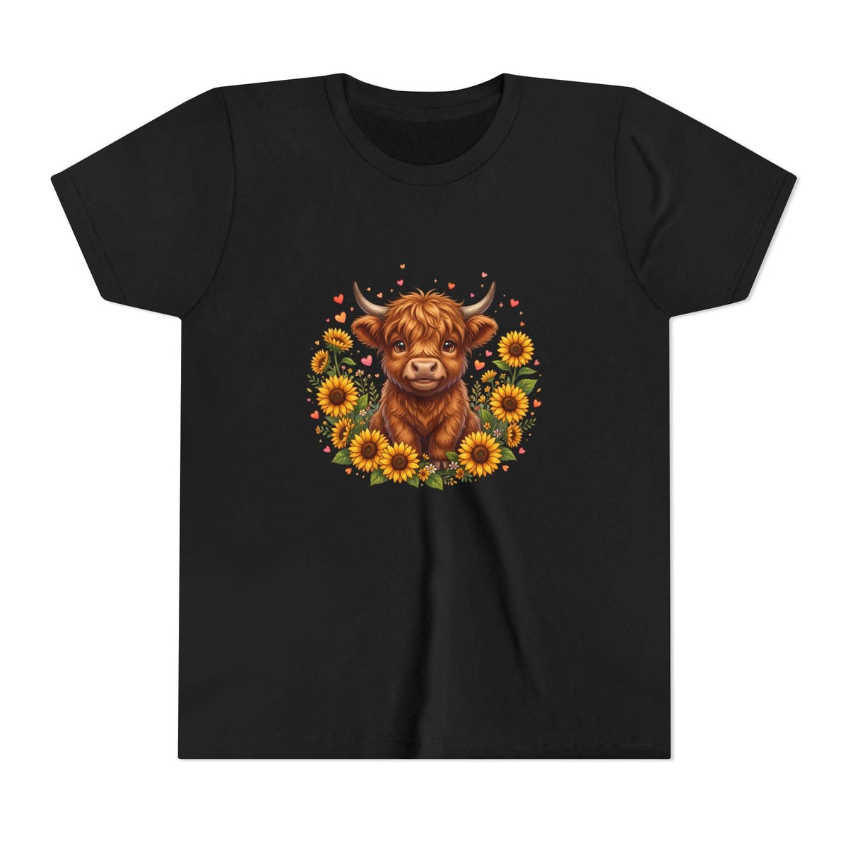 Youth tee featuring Highland cow surrounded by sunflowers on cotton fabric
