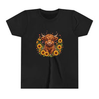 Youth tee featuring Highland cow surrounded by sunflowers on cotton fabric