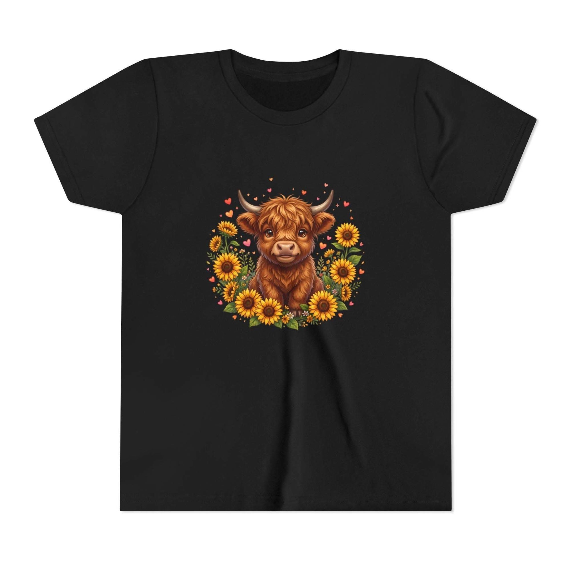 Youth tee featuring Highland cow surrounded by sunflowers on cotton fabric