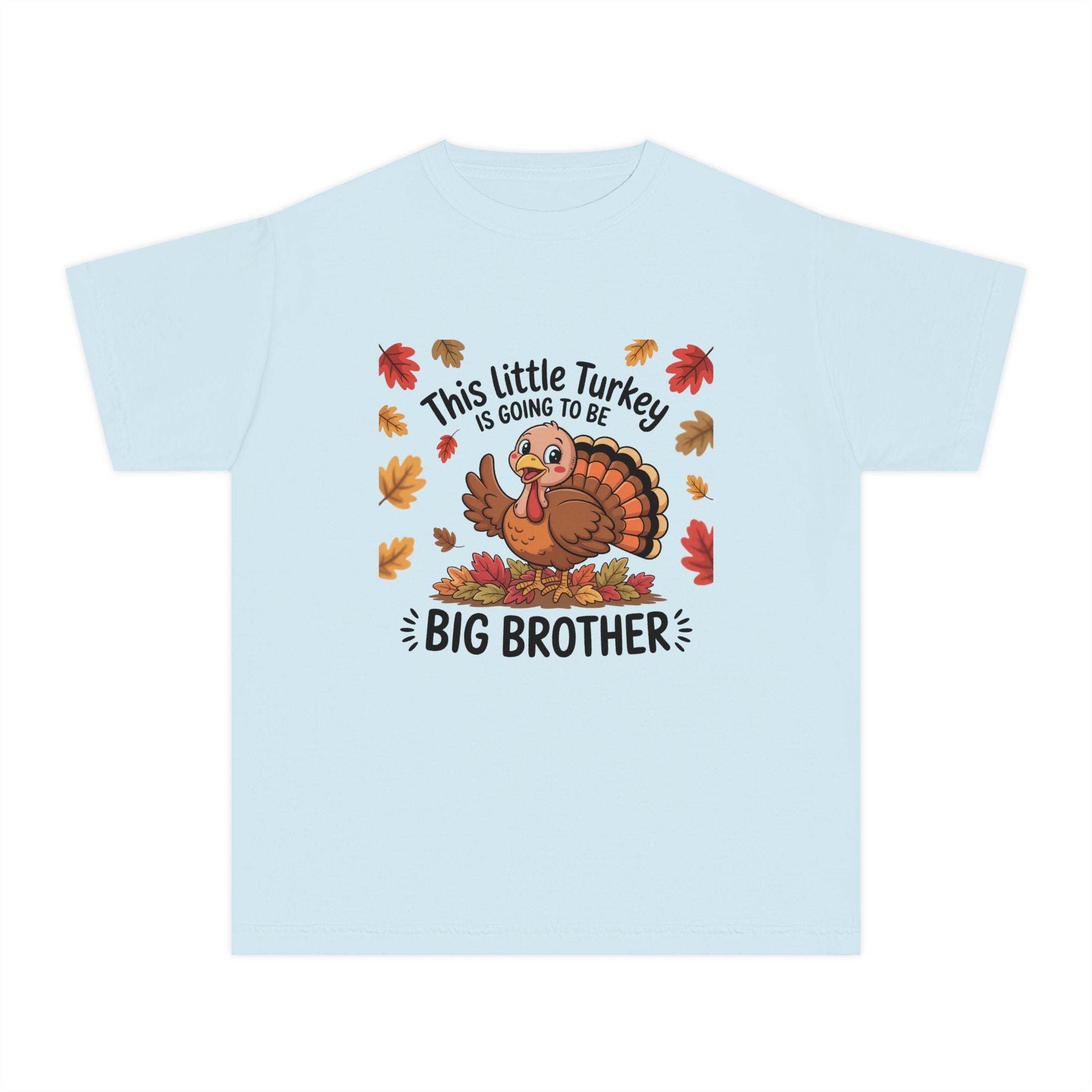 Youth Tee with Thanksgiving big brother announcement featuring a cute turkey and autumn leaves design