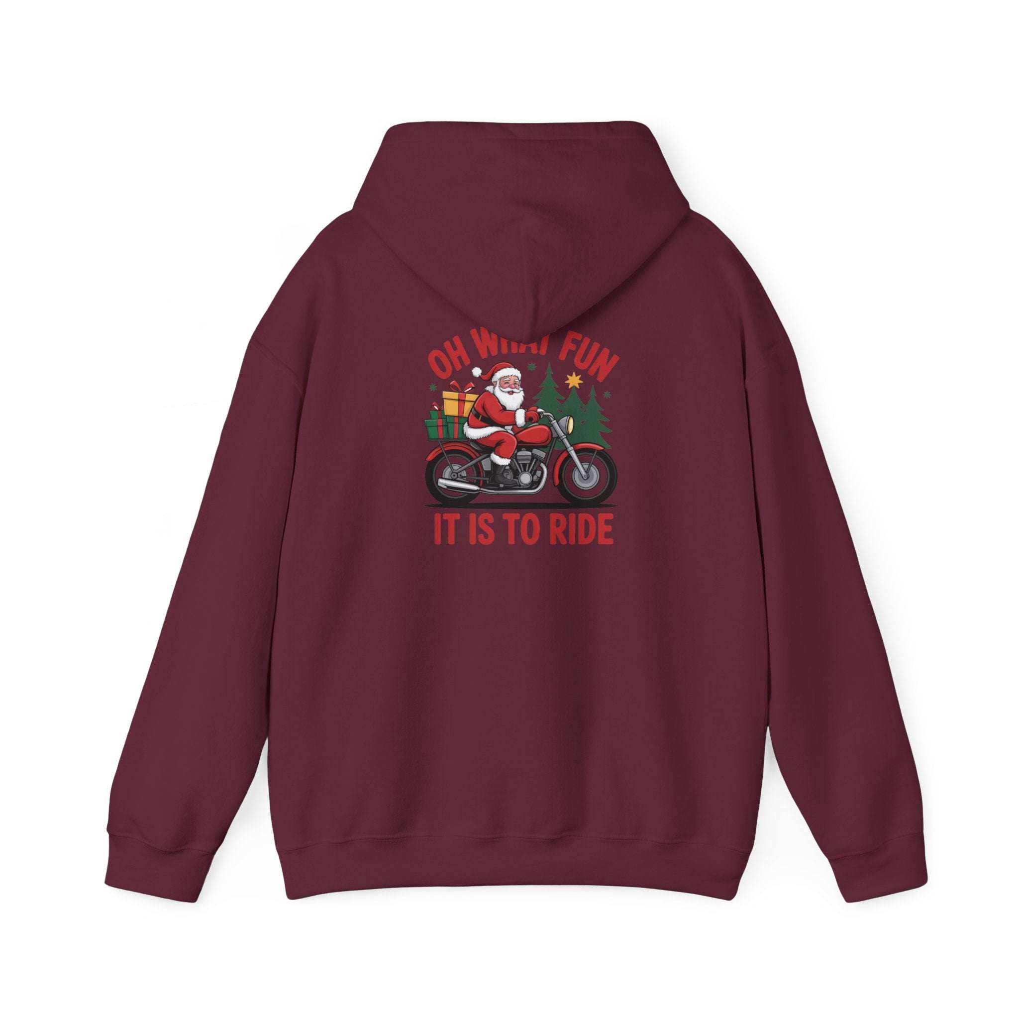 Santa motorcycle hoodie in black, featuring festive graphics, perfect for holiday celebrations and motorcycle enthusiasts.