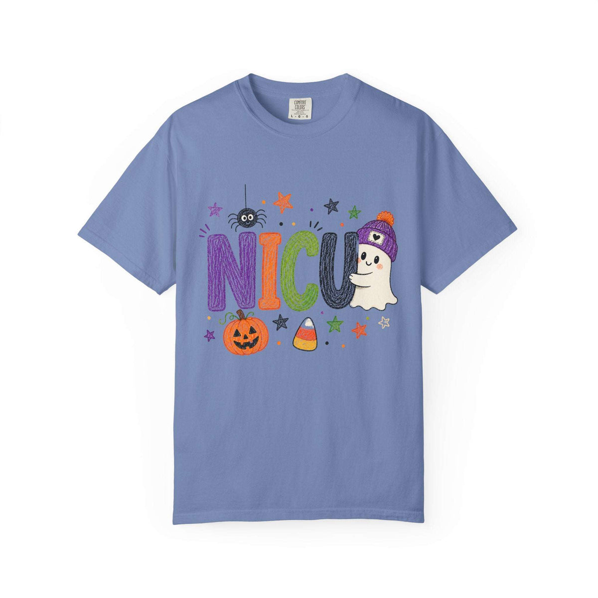 Washed denim NICU nurse Halloween T-shirt with colorful crayon-style lettering, a smiling ghost in a purple beanie, pumpkin, and candy corn.