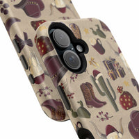 Cowboy Christmas design phone case for iPhone 17 in glossy finish by Printify, featuring festive colors and patterns.