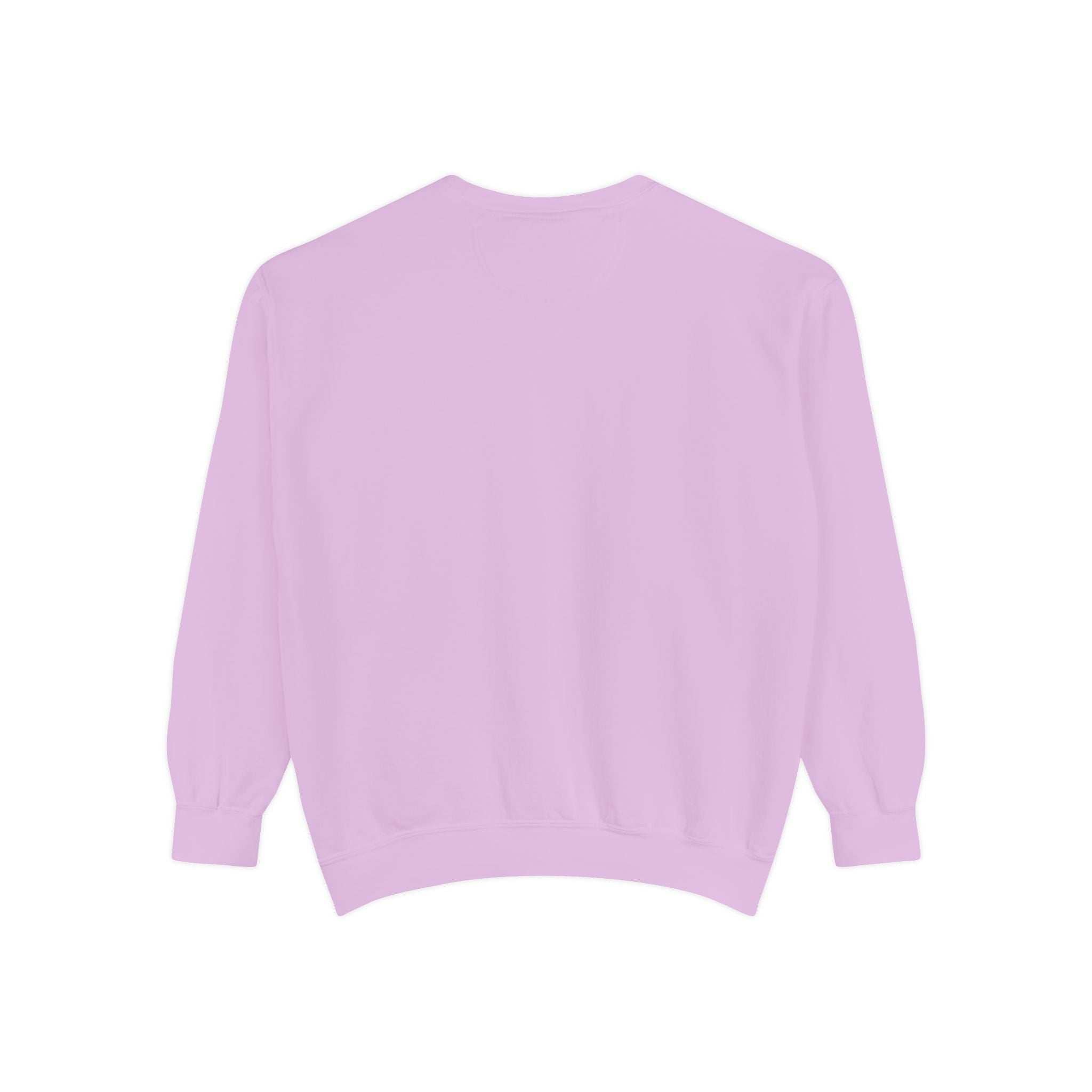 Back view of cozy lavender Vintage North Pole Book Club sweatshirt with ribbed collar, cuffs, and hem