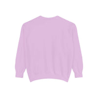 Back view of cozy lavender Vintage North Pole Book Club sweatshirt with ribbed collar, cuffs, and hem