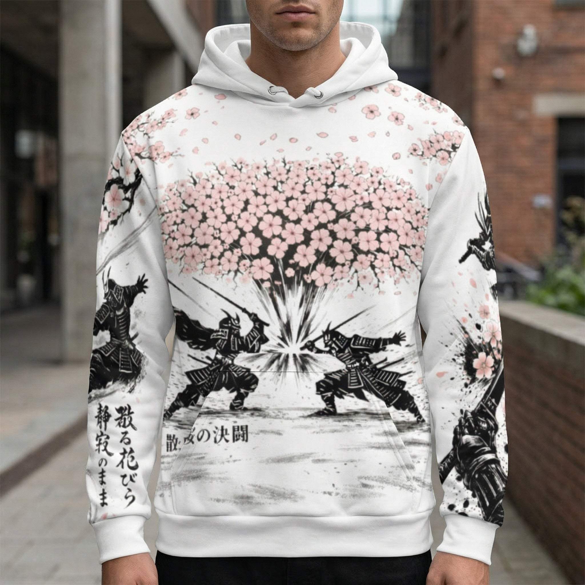 Samurai Cherry Blossom Hoodie with samurai duel and pink cherry blossoms design