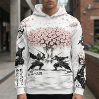Samurai Cherry Blossom Hoodie with silhouetted samurai and pink cherry blossoms in Japanese streetwear style