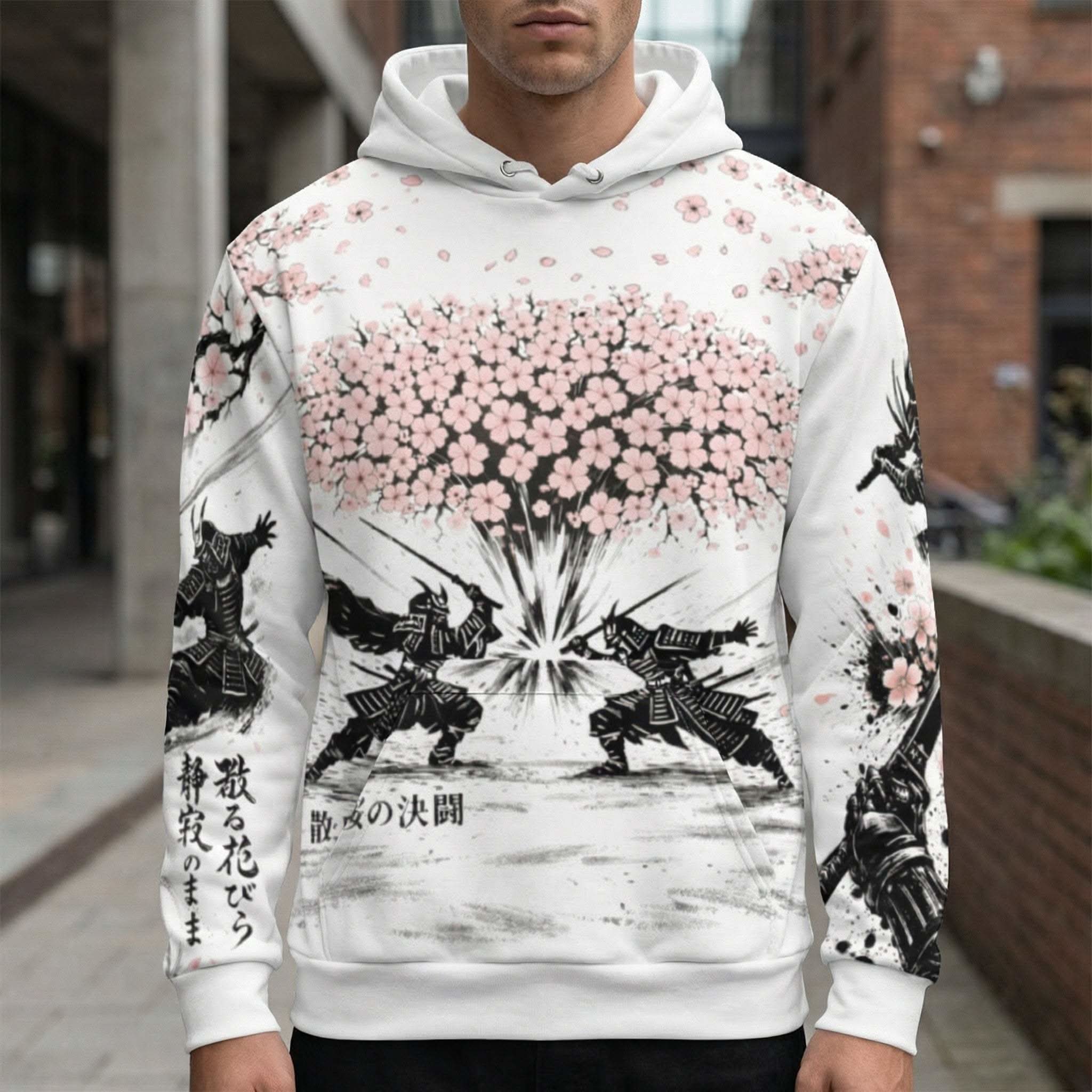 Samurai Cherry Blossom Hoodie with silhouetted samurai and pink cherry blossoms in Japanese streetwear style