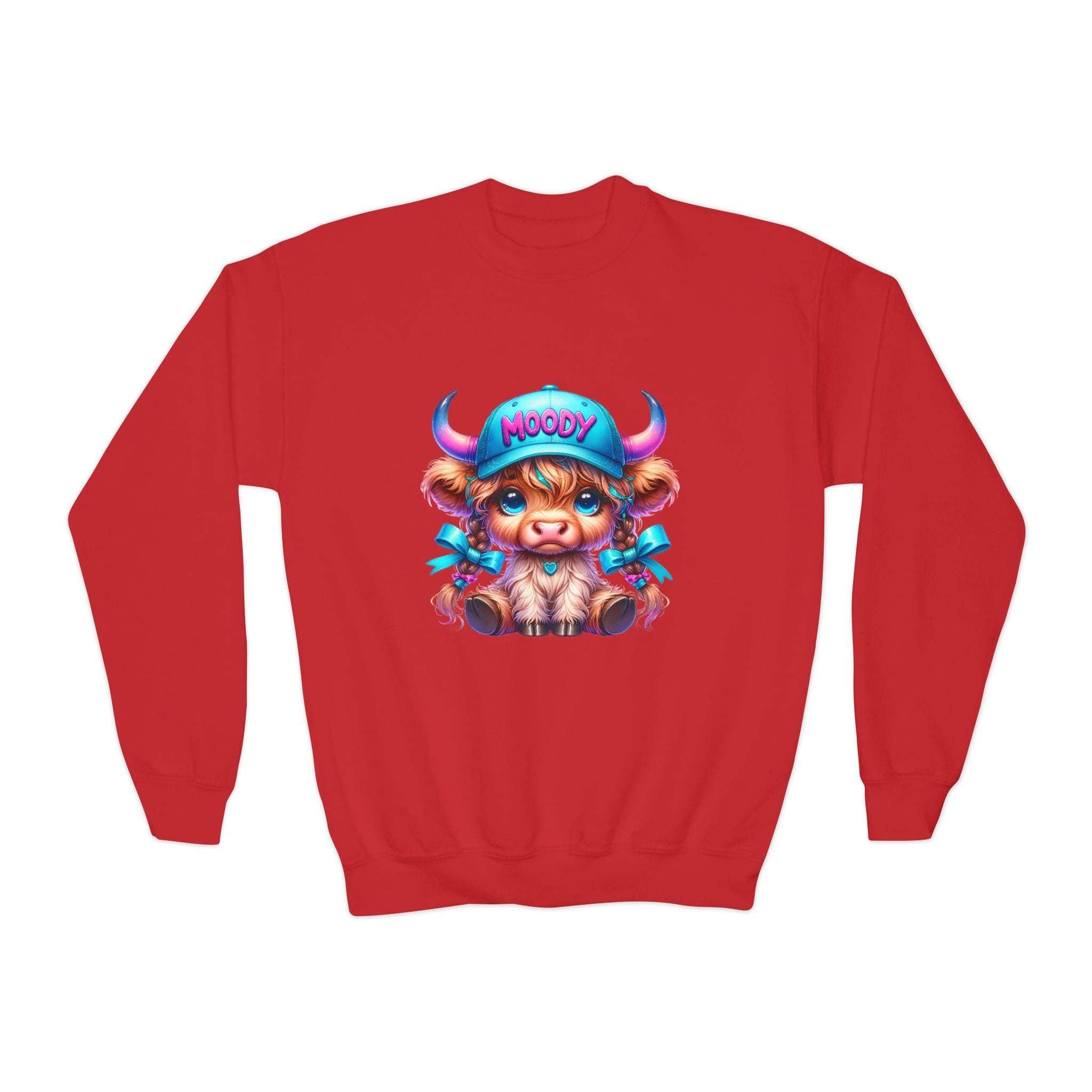 Red Moody Girl Highland Cow sweatshirt with cute cartoon cow wearing a blue cap and bows, kids' cozy casual wear