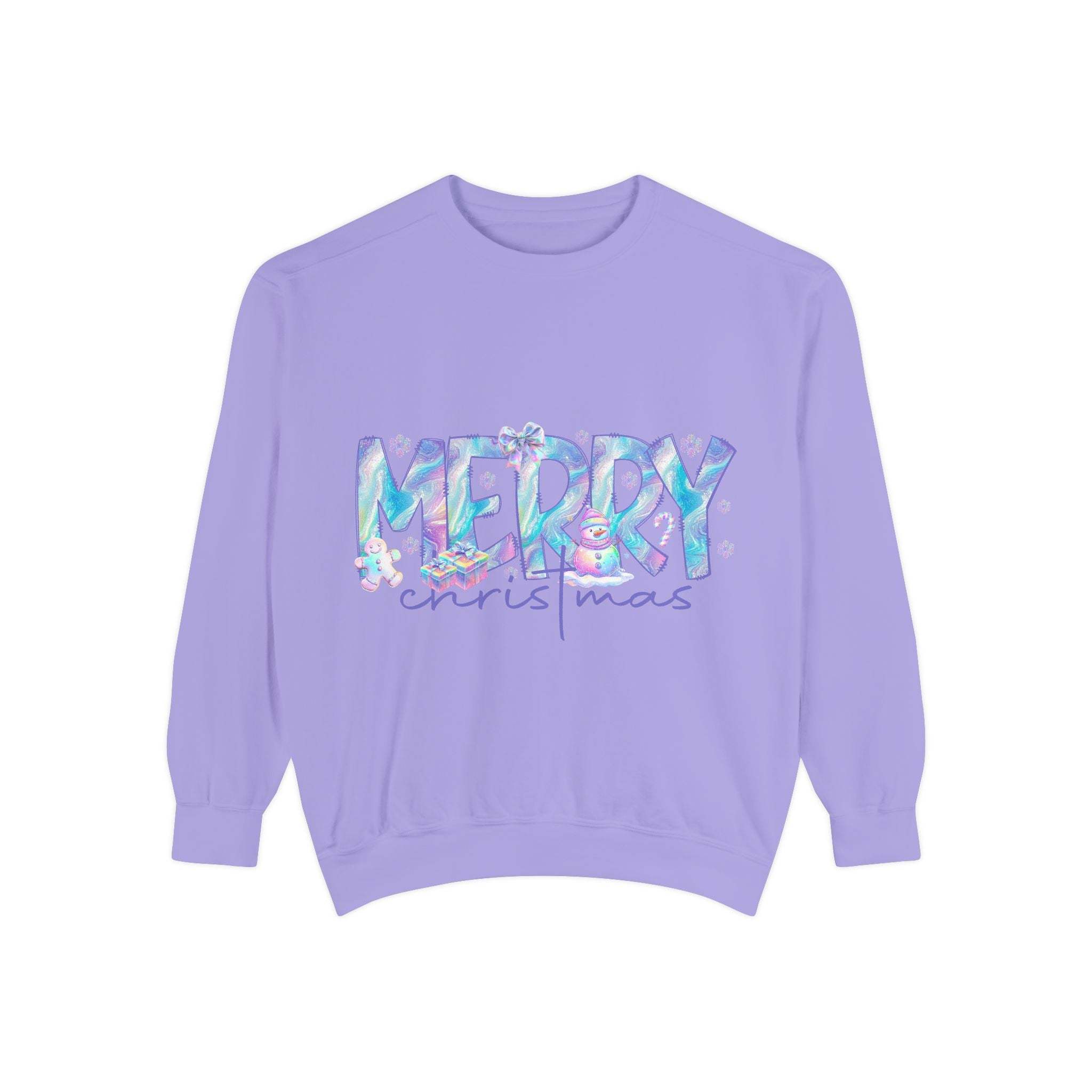 Lavender sweatshirt with iridescent Merry Christmas design and cozy fit