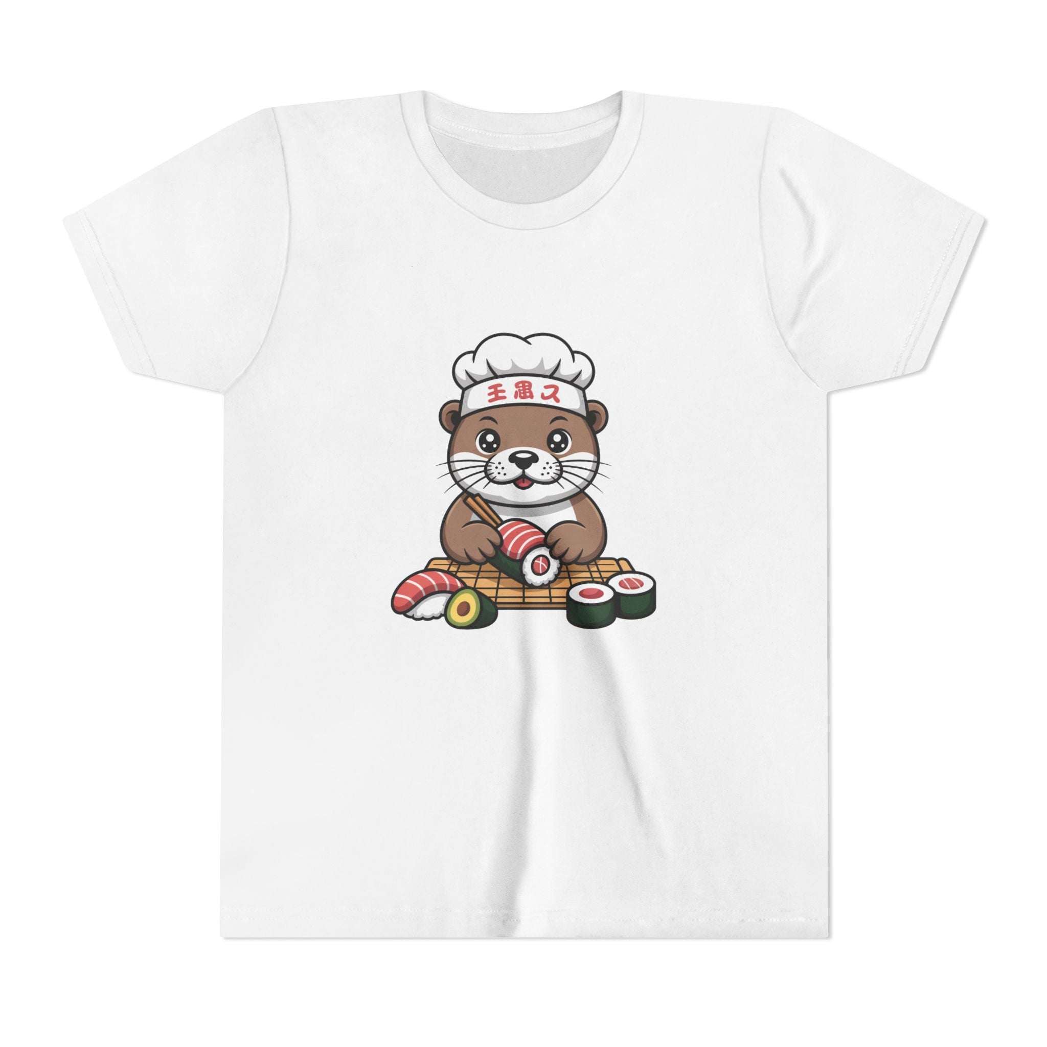 Cute white Otter Sushi Chef graphic t-shirt for kids by Printify, featuring playful animal design.