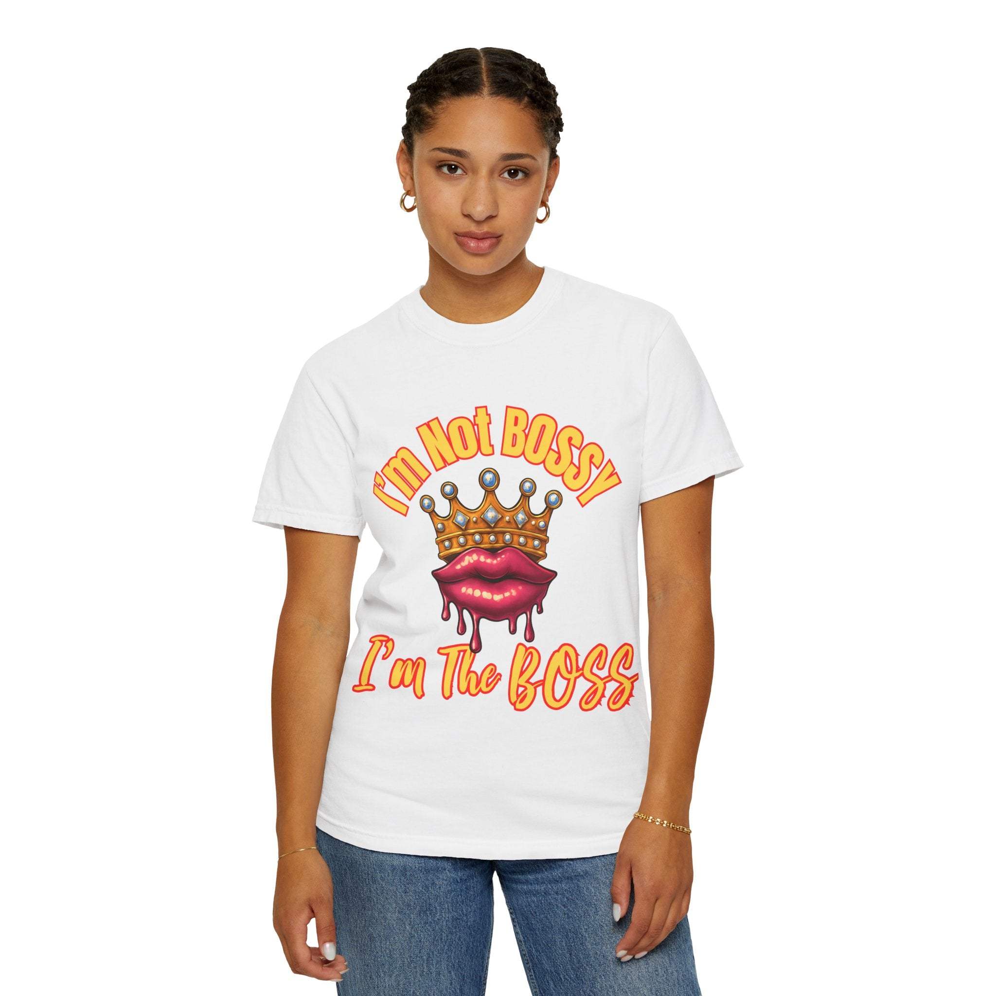 Woman wearing white Boss Garment-Dyed Bratcore T-shirt with "I'm not Bossy, I'm the Boss" graphic and crown design