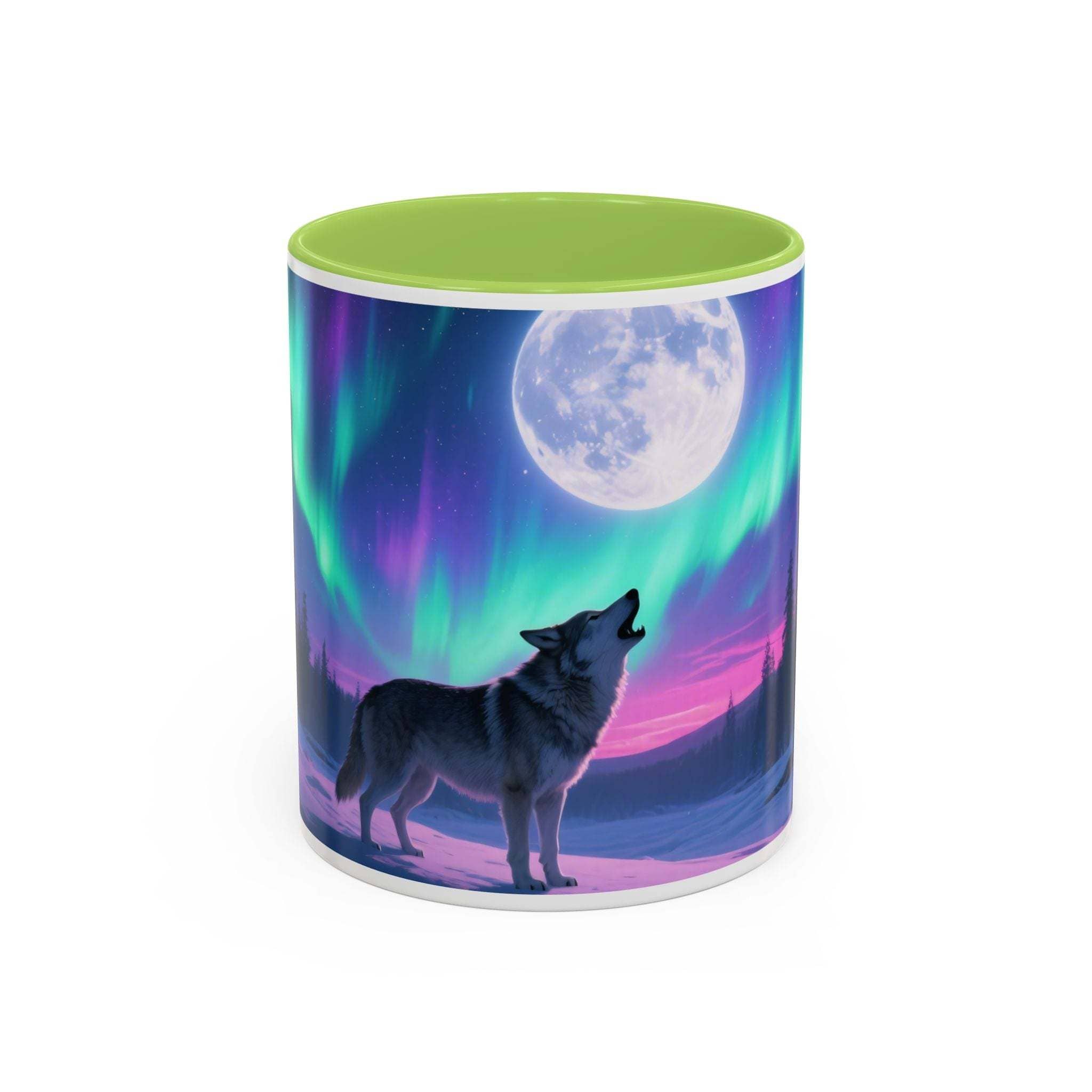Cylindrical container with a wolf and moon design on a white background