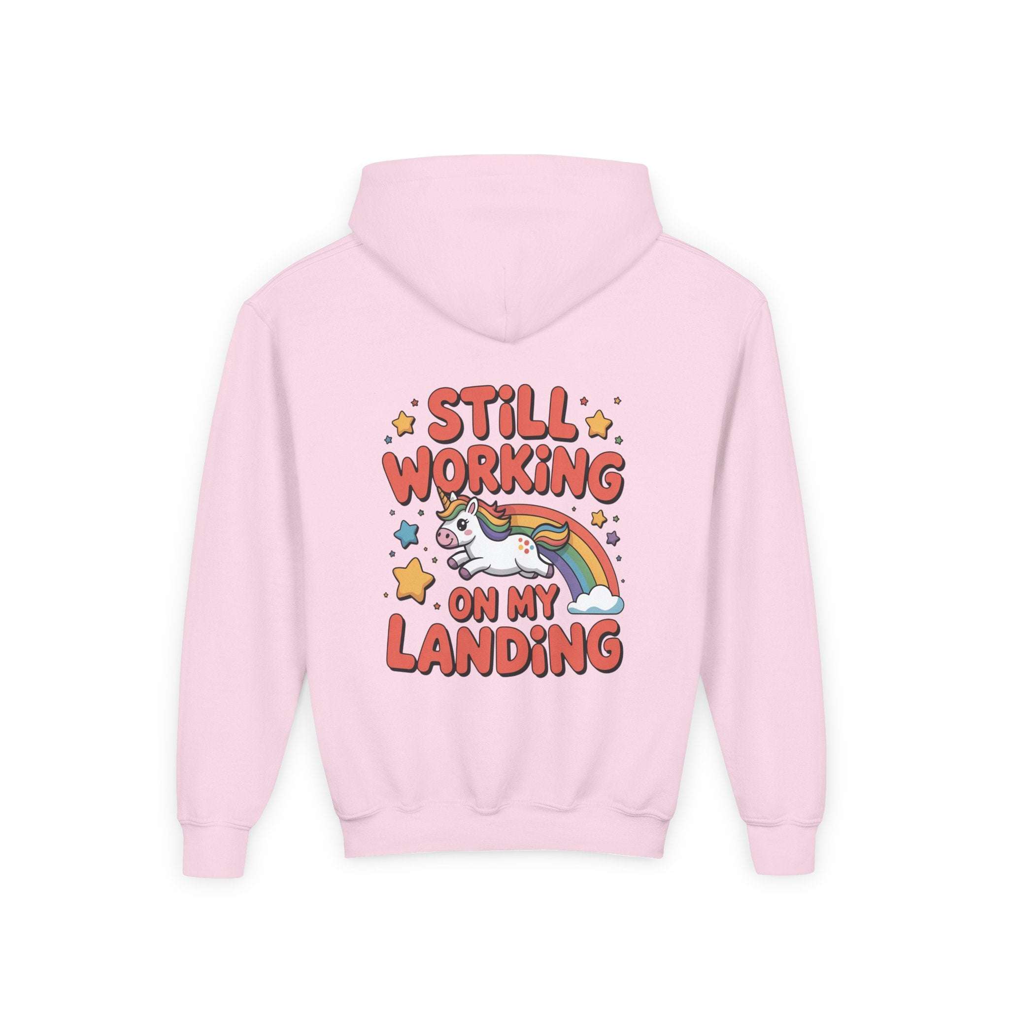 Still Working On My Landing Hoodie | Kids Unicorn Rainbow Design