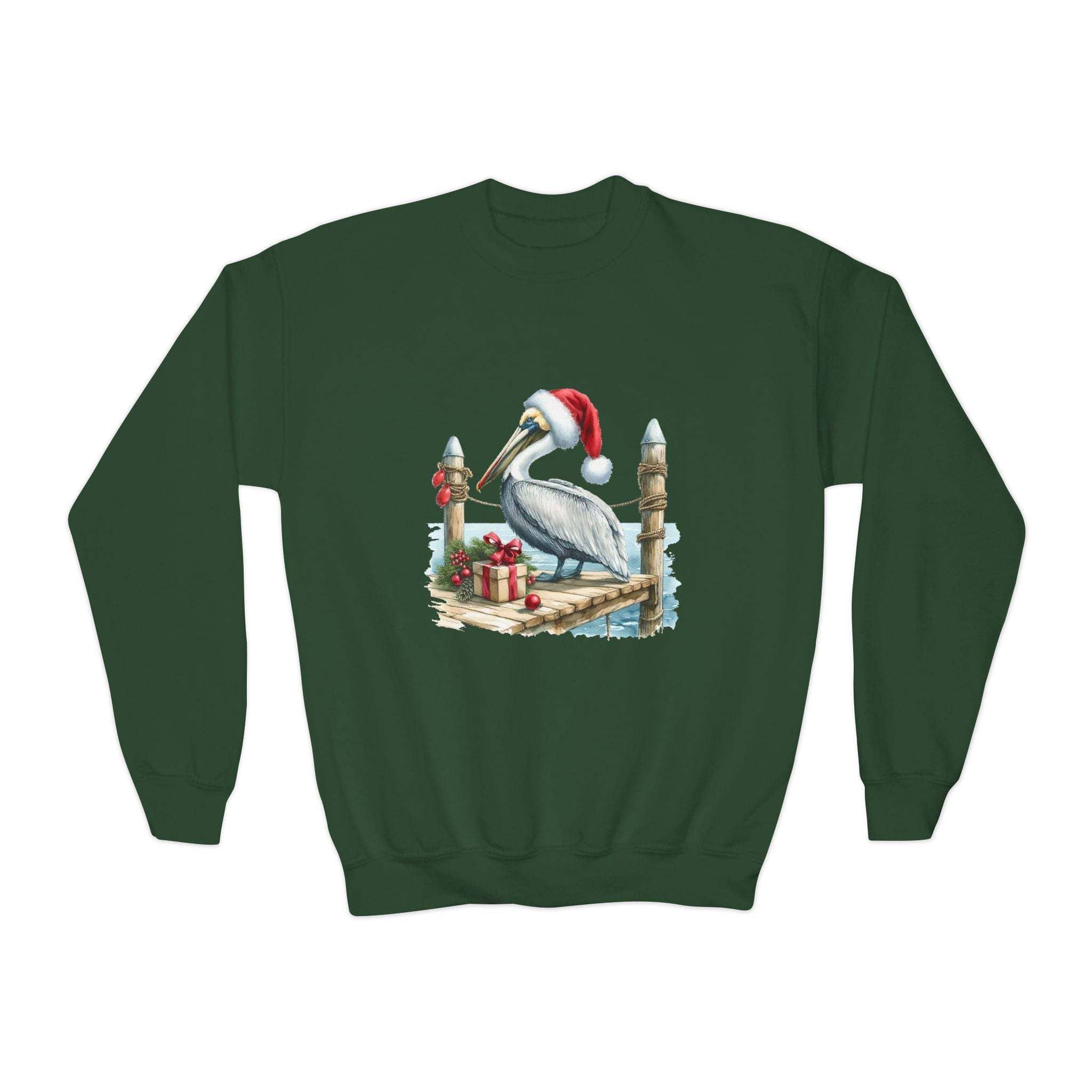 Youth crewneck sweatshirt with embroidered Pelican Santa Hat design on green fabric