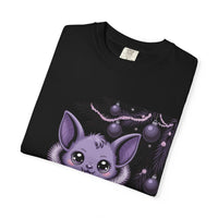Black t-shirt with a purple bat and Christmas decorations design on a white background