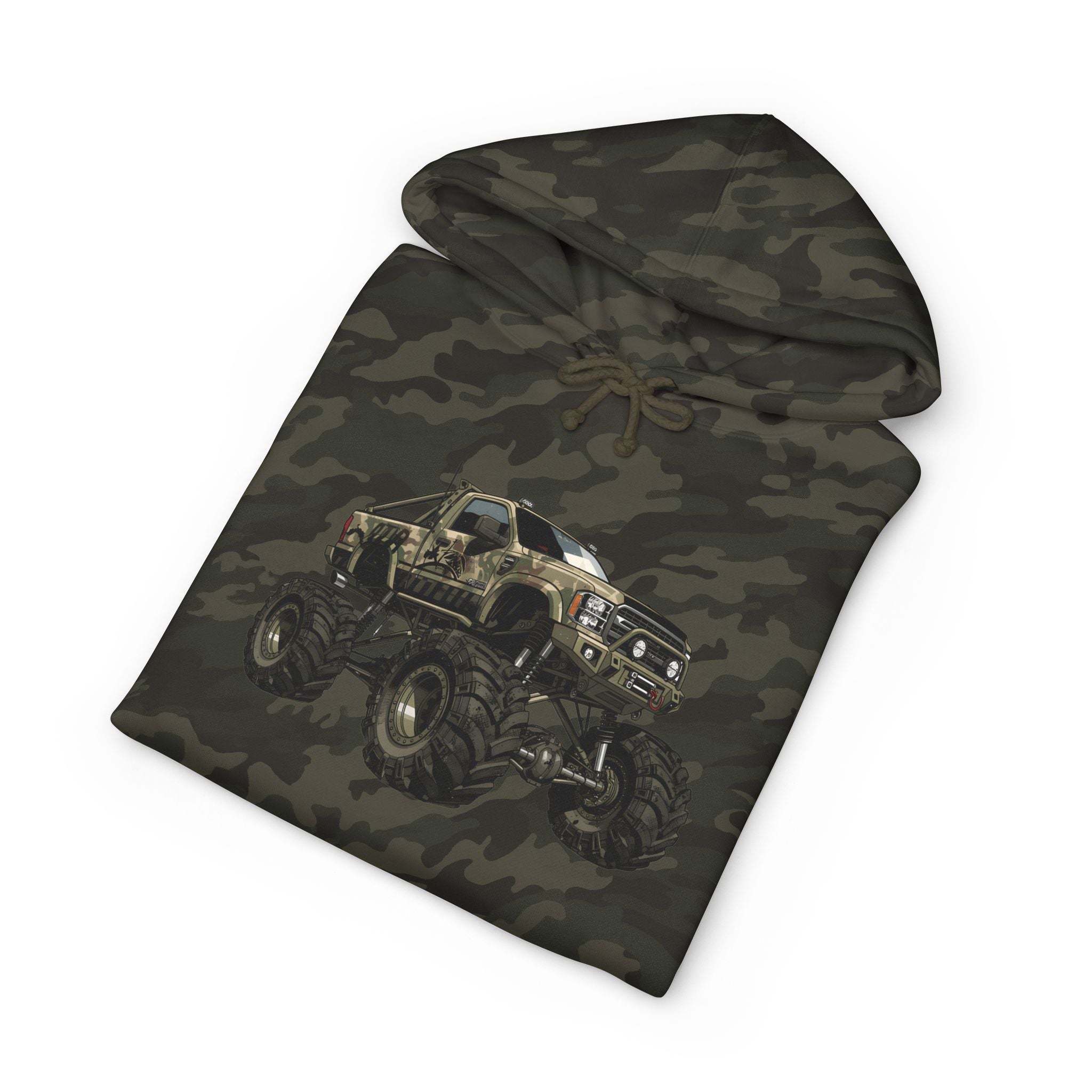 American Flag Monster Truck hoodie with camouflage truck graphic and distressed flag design
