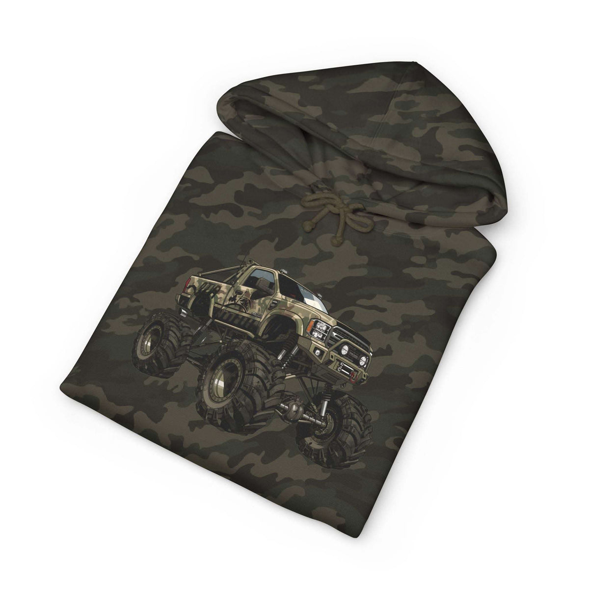 American Flag Monster Truck hoodie with camouflage truck graphic and distressed flag design