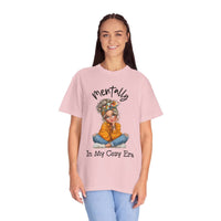 woman wearing pink Mentally in My Cozy Era T-Shirt with illustrated girl and text on front