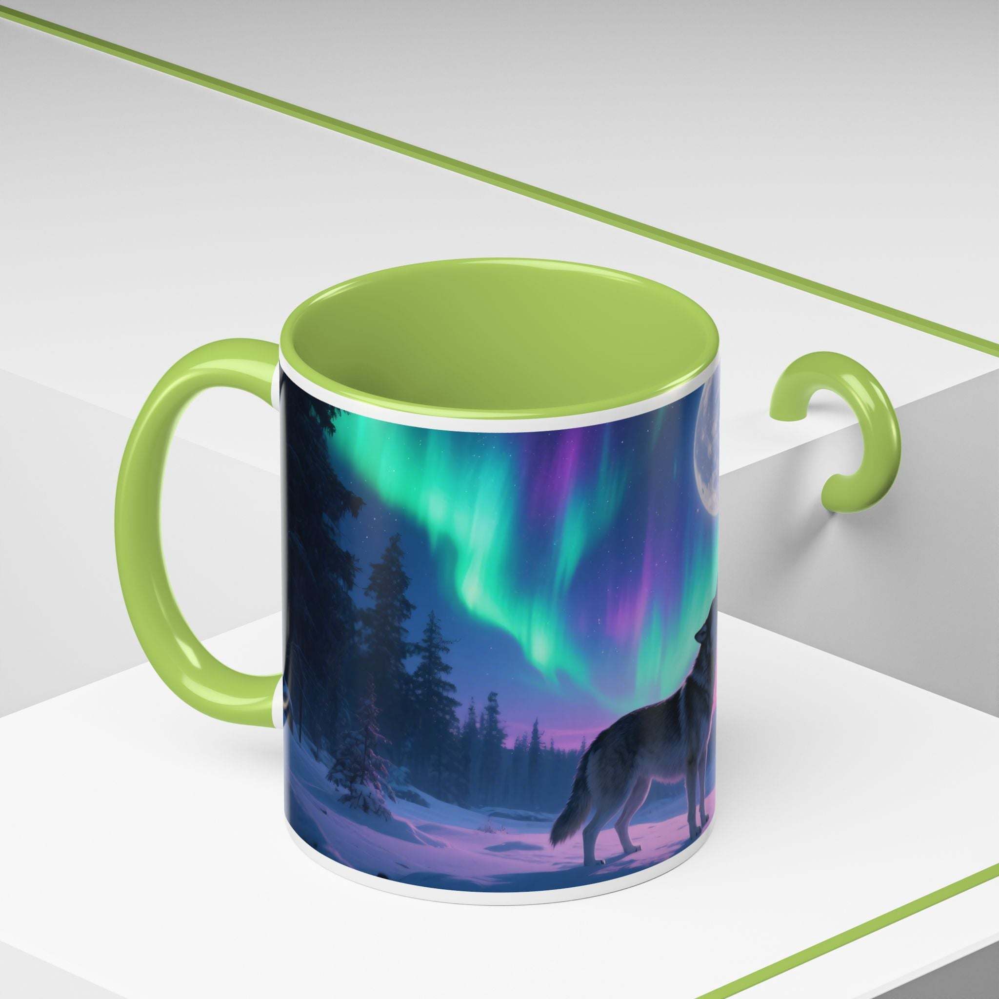 11oz ceramic Howling Wolf Aurora Mug with green handle and interior, featuring northern lights and wolf silhouette design
