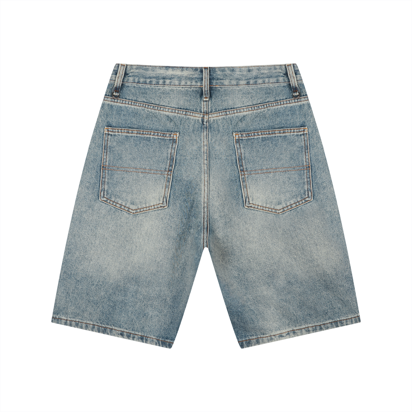 Men’s vintage wash denim shorts loose fit mid-rise waist zip fly straight hem slash pockets vintage blue