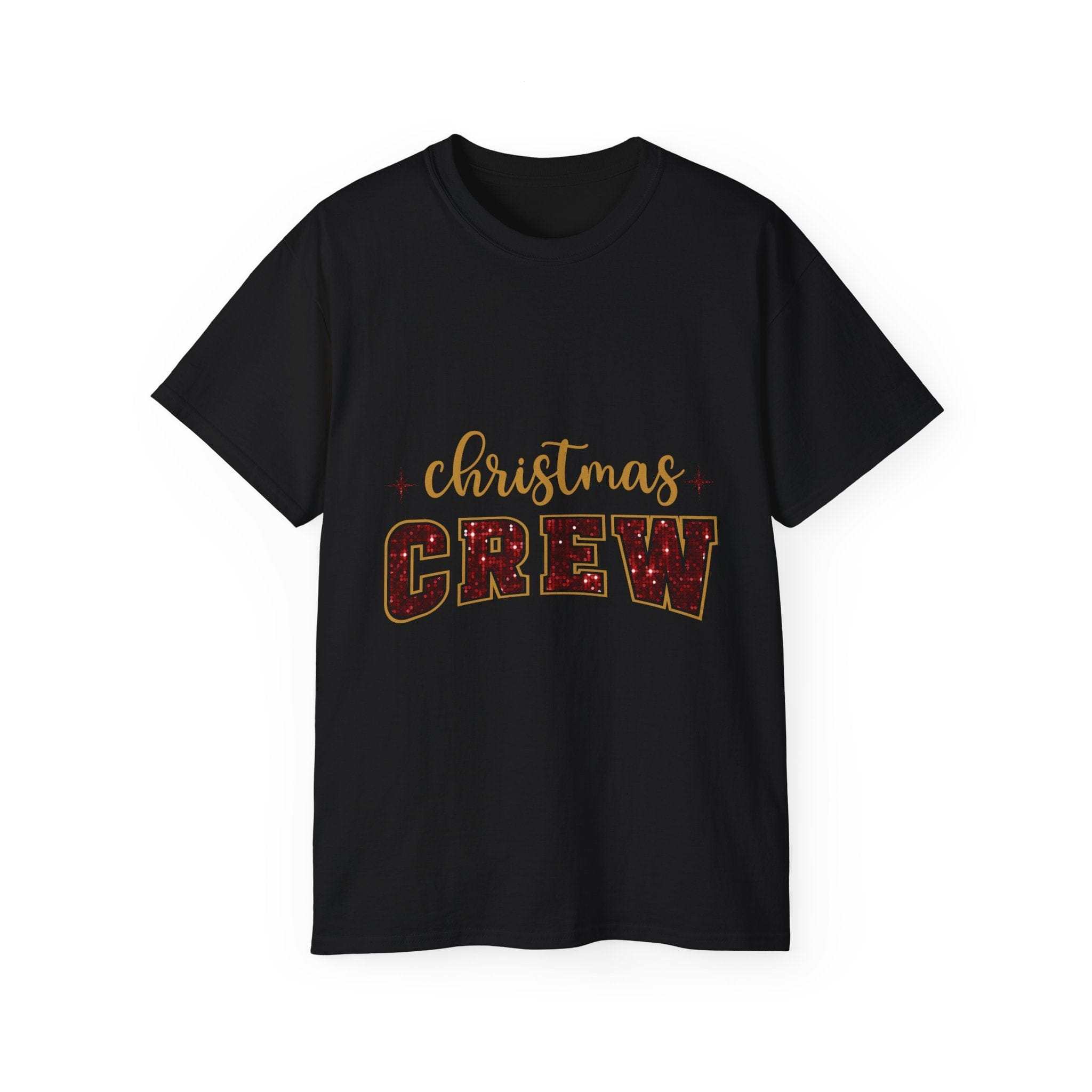 Antique Cherry Red Christmas crew t-shirt with faux glitter design by Printify, perfect for festive wear.