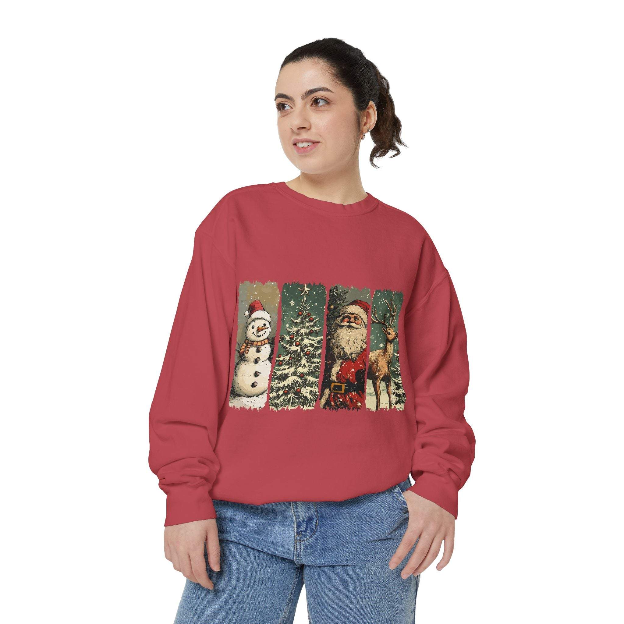 Woman wearing a vintage Christmas sweatshirt with watercolor swatches print featuring snowman, tree, Santa, and reindeer on red fabric