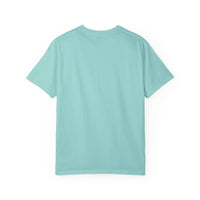 Light blue garment-dyed T-shirt with High Road Psycho Path design, back view
