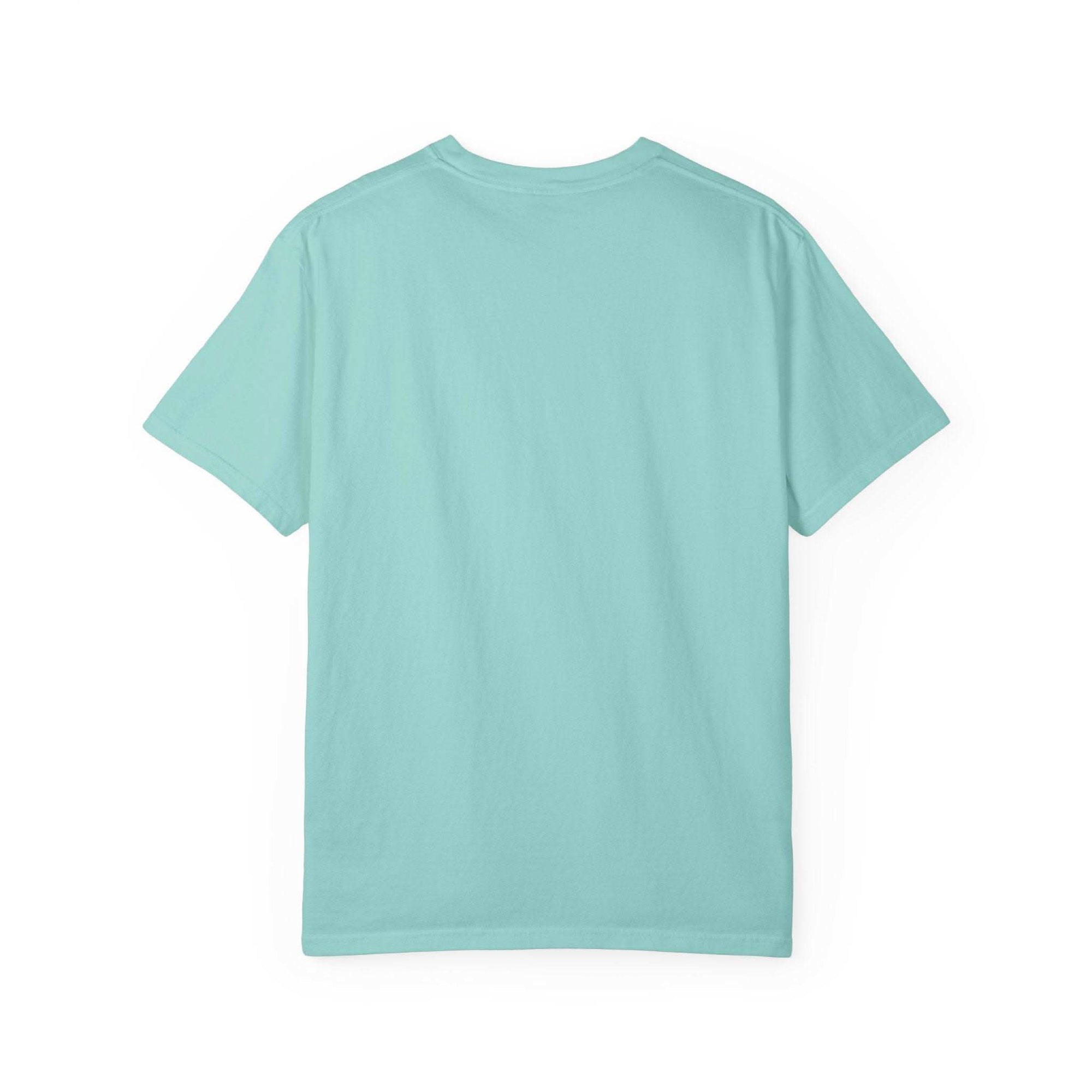 Light blue garment-dyed T-shirt with High Road Psycho Path design, back view