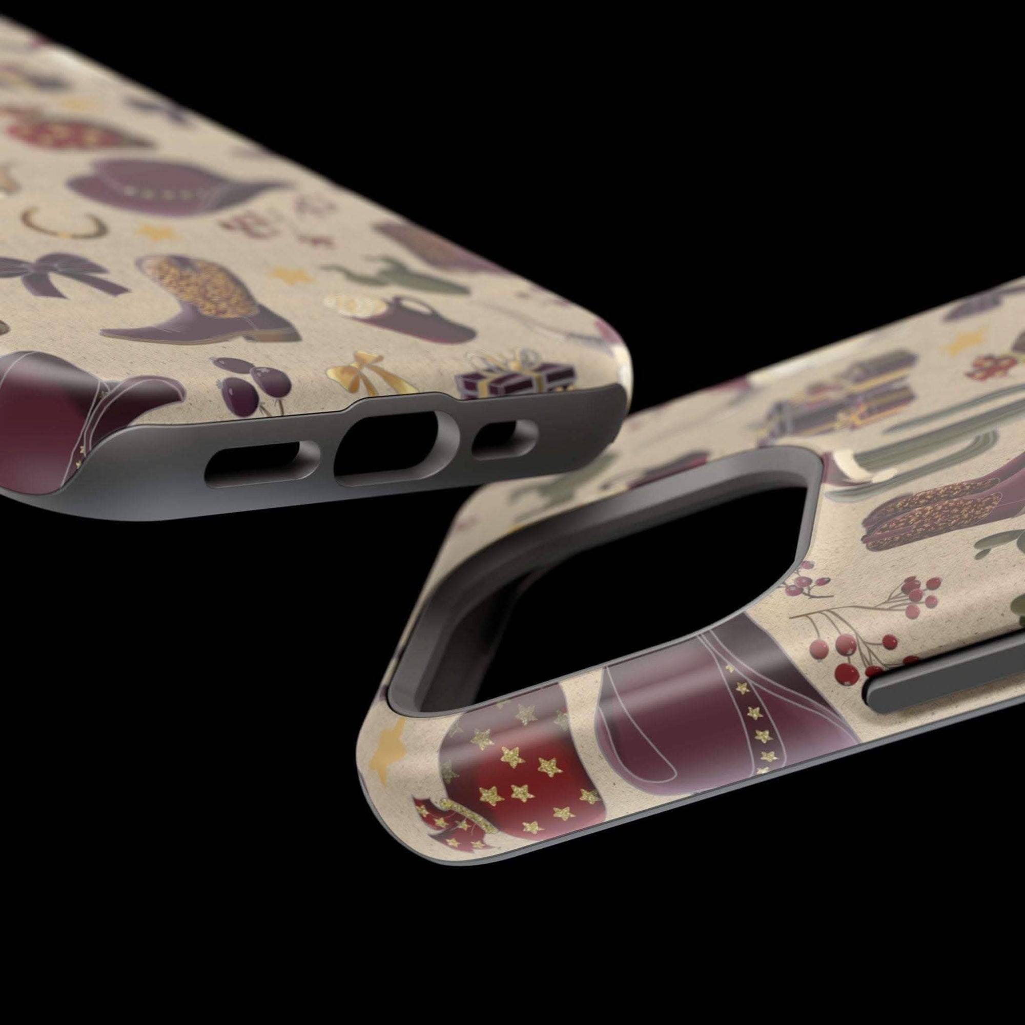 Cowboy Christmas design phone case for iPhone 17 in glossy finish by Printify, featuring festive colors and patterns.