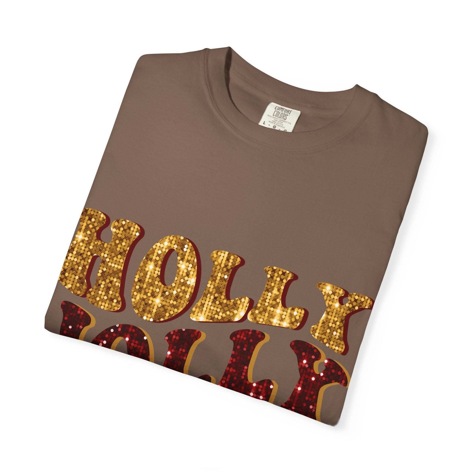 Faux Glitter Holly Jolly Mama brown t-shirt with festive glitter text for moms
