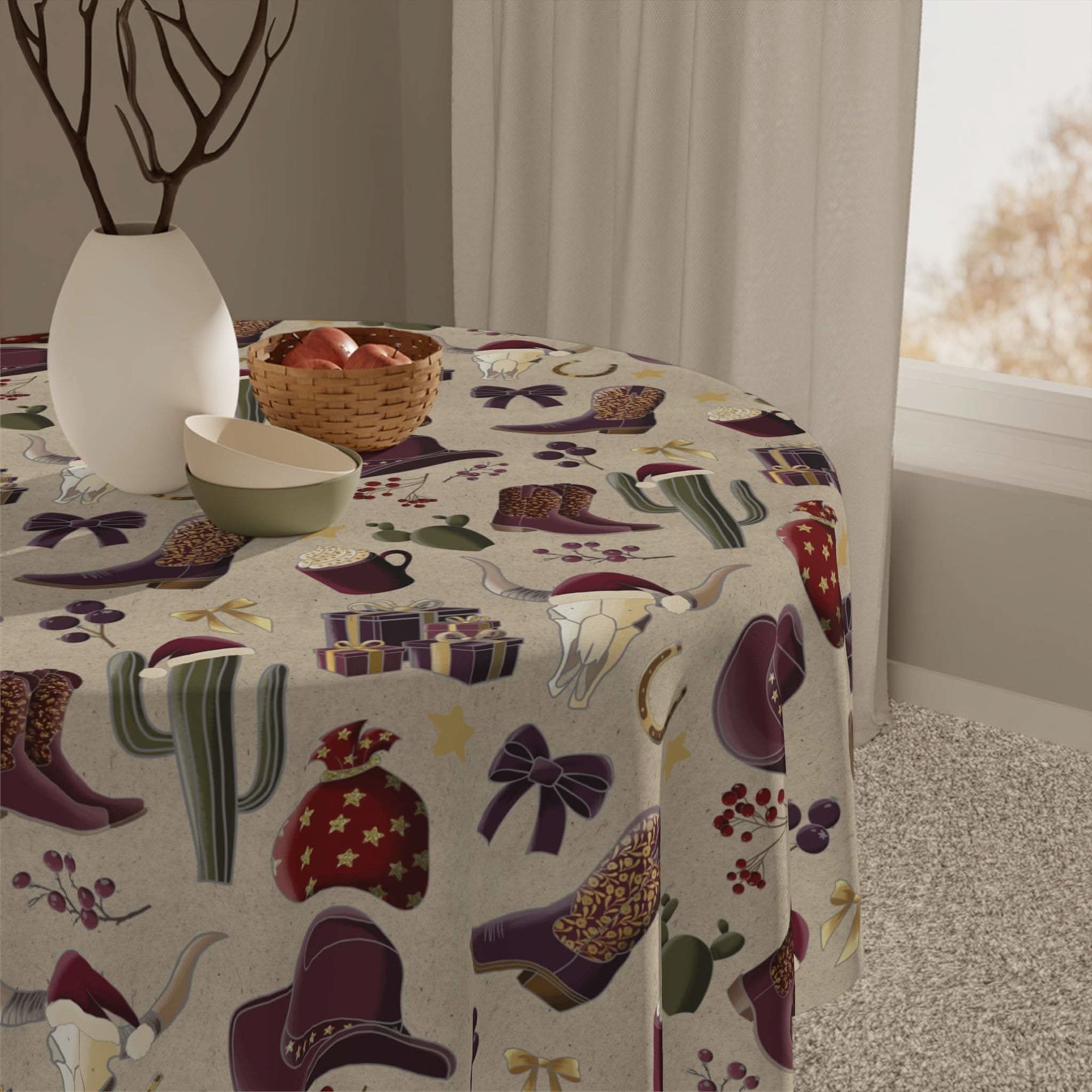 Cowboy Christmas tablecloth with western-themed holiday decorations in vibrant colors on a beige background