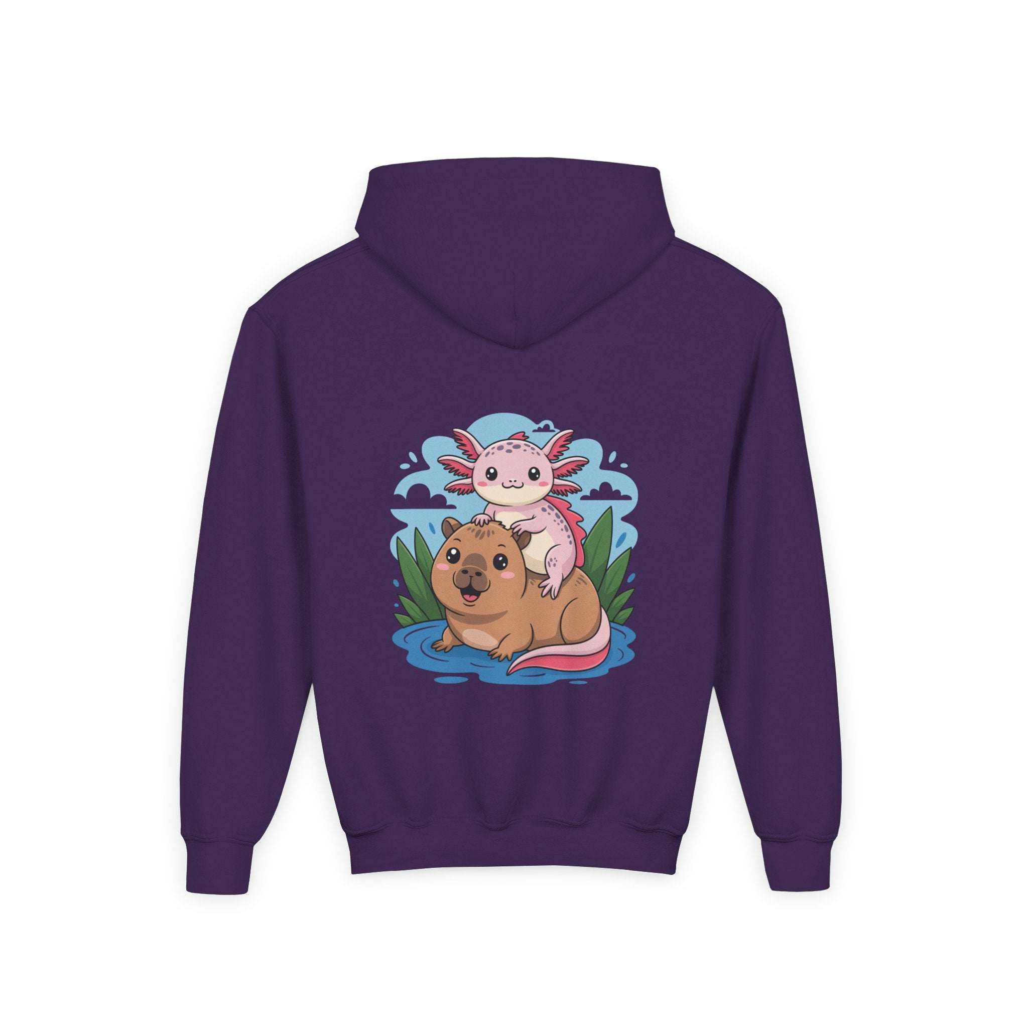 Youth hoodie with axolotl and capybara design in soft cotton-poly fabric