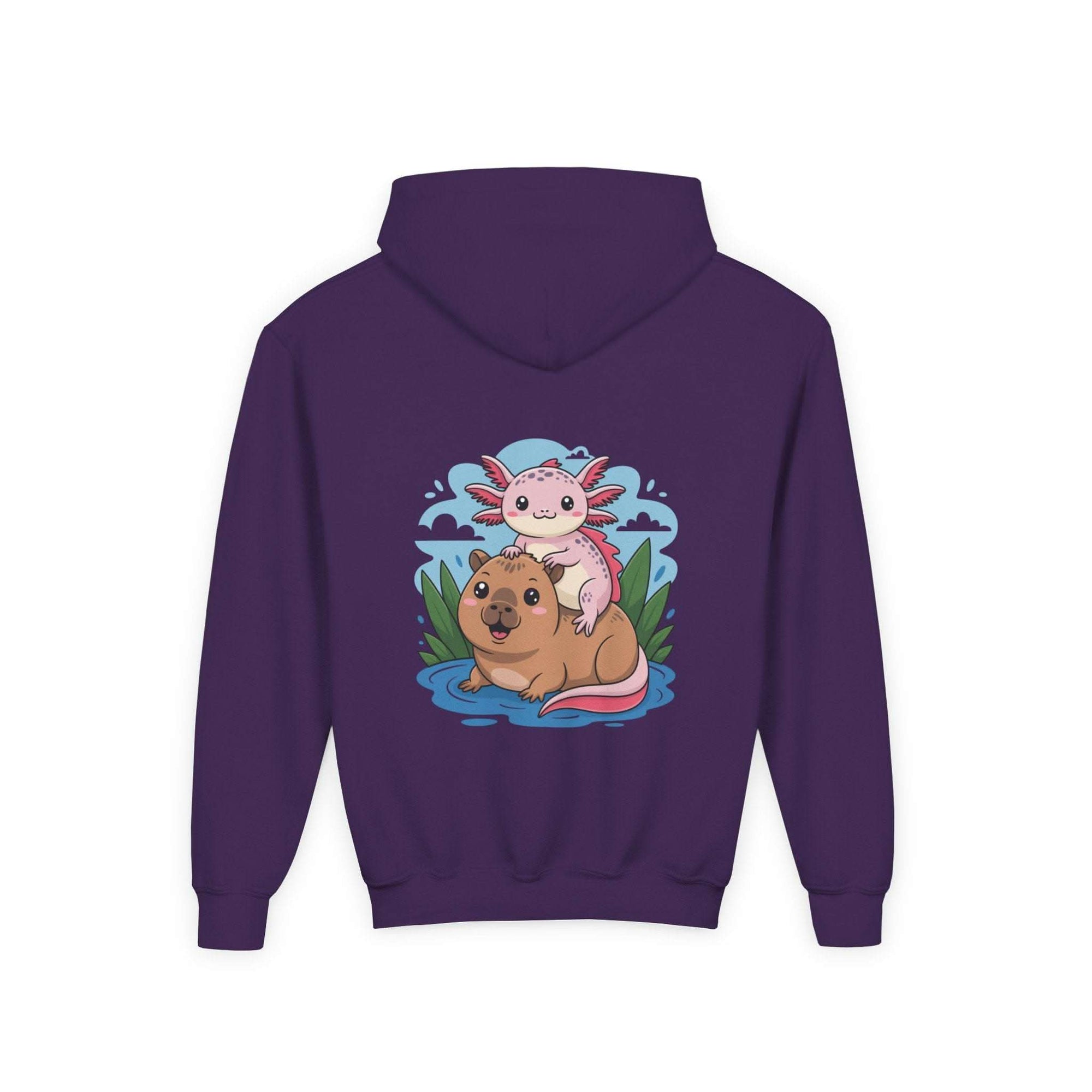 Youth hoodie with axolotl and capybara design in soft cotton-poly fabric