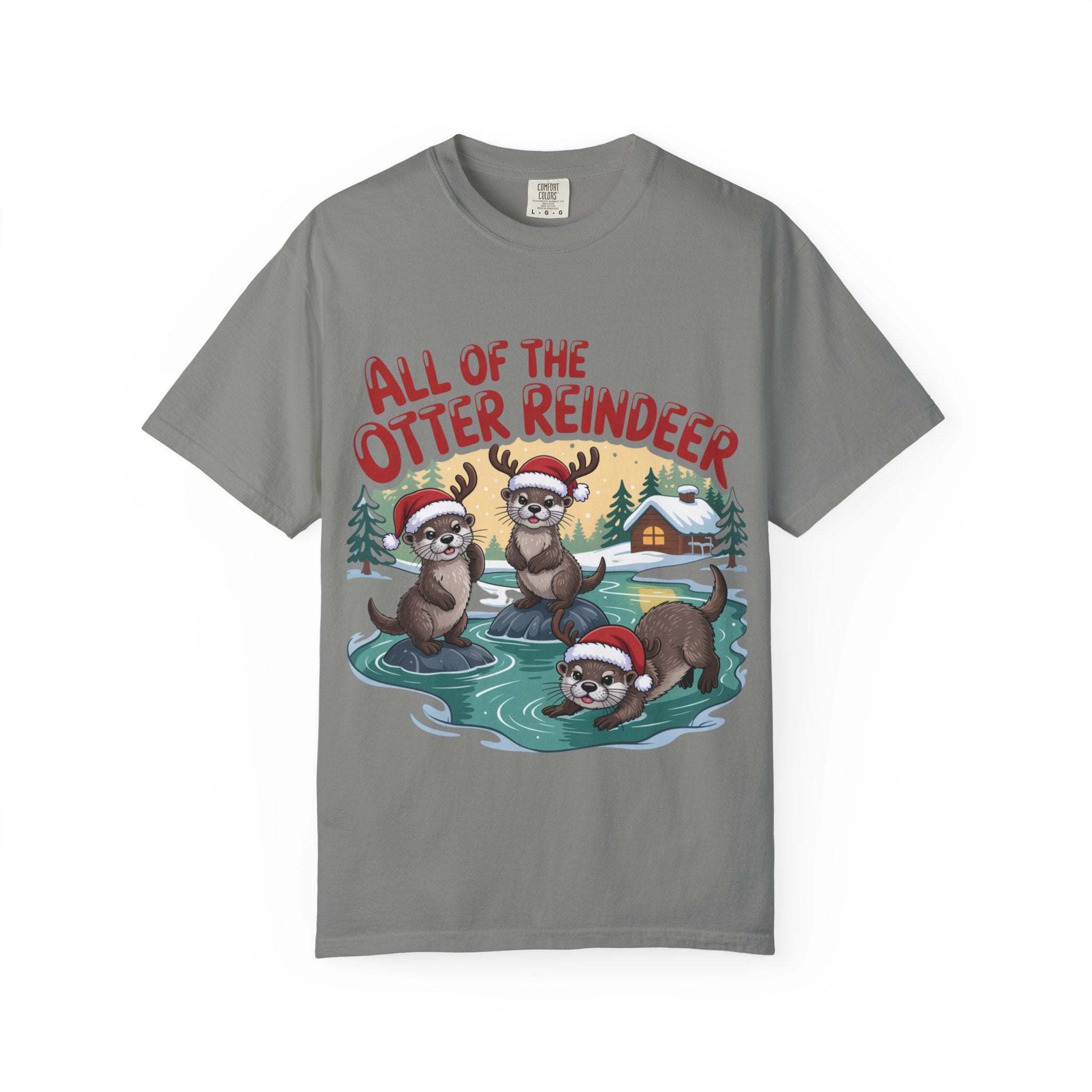 Grey Otter Reindeer Tee with cute otters in Santa hats and festive winter scene