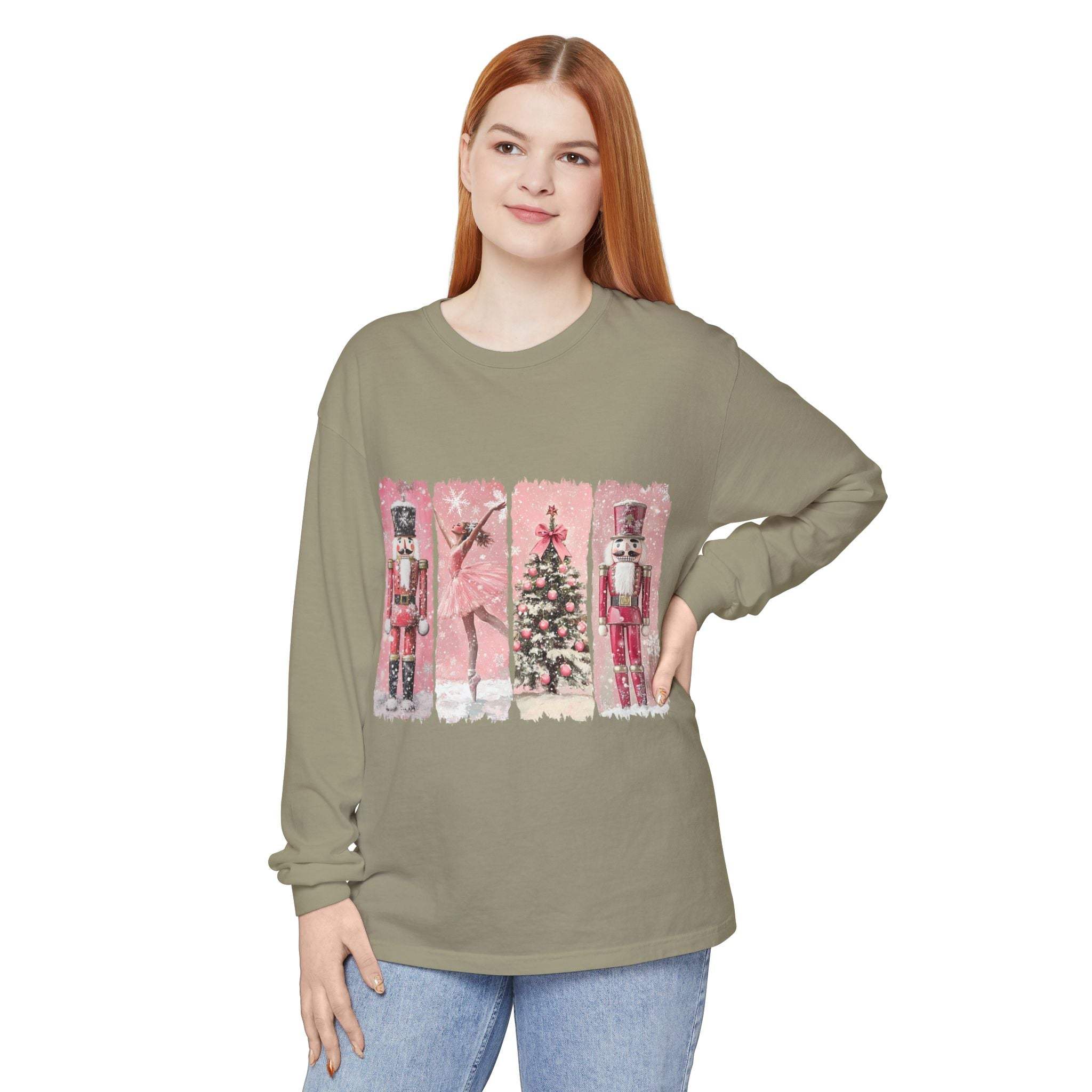 Long sleeve T-shirt with pink watercolor Nutcracker Christmas design on soft cotton fabric