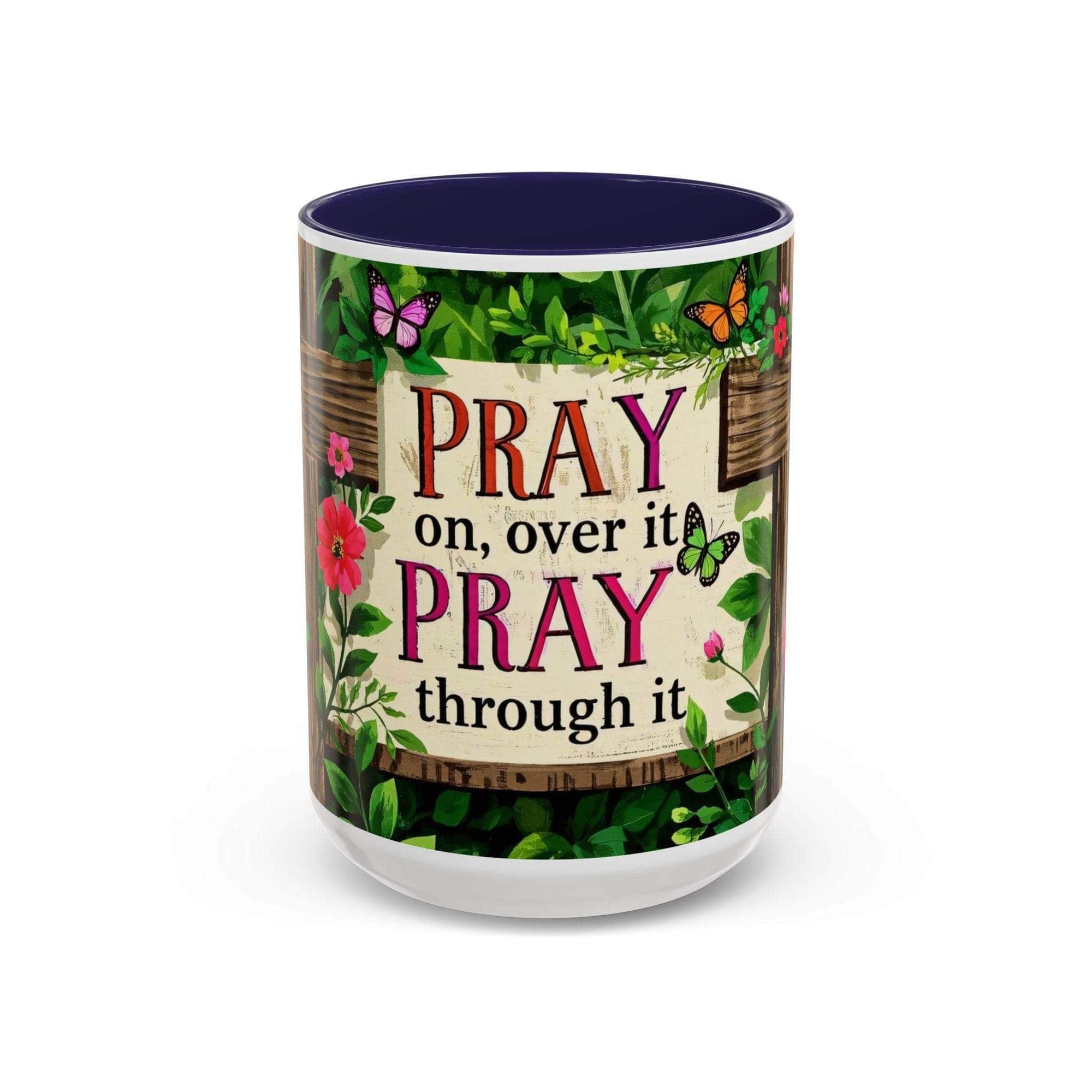 Mug with floral design and motivational quote on a white background