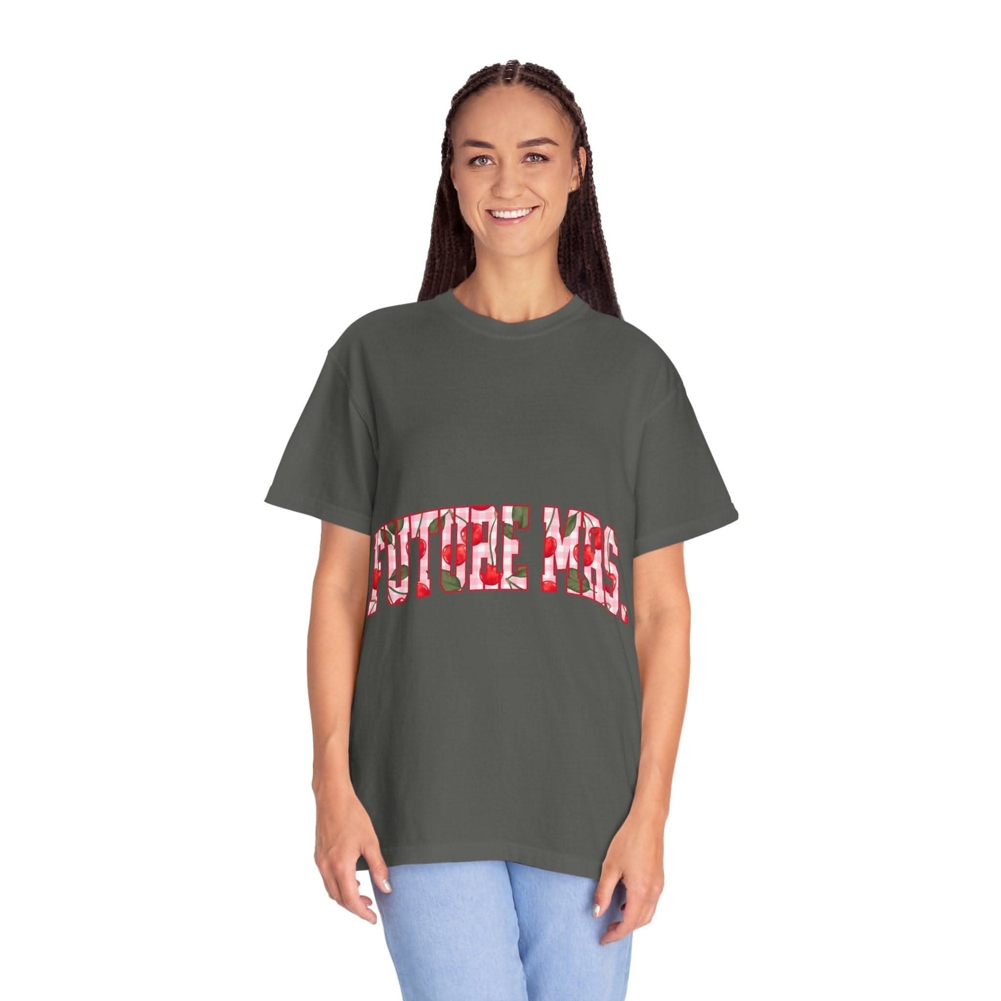 Future Mrs Cherry T-Shirt in muted colors, relaxed fit for brides-to-be