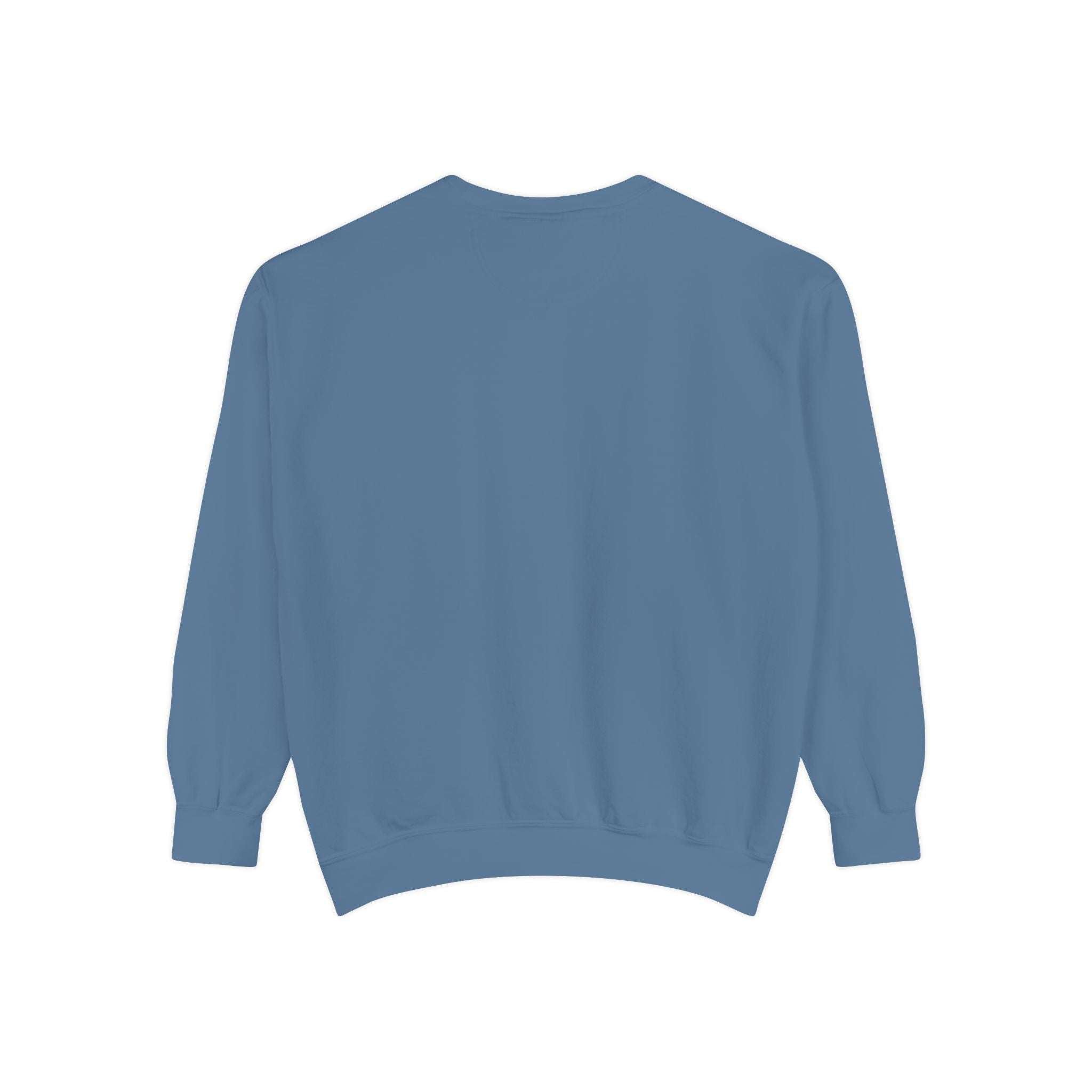 Back view of blue unisex Sweatshirt Rocking Santa with relaxed fit and ribbed cuffs.