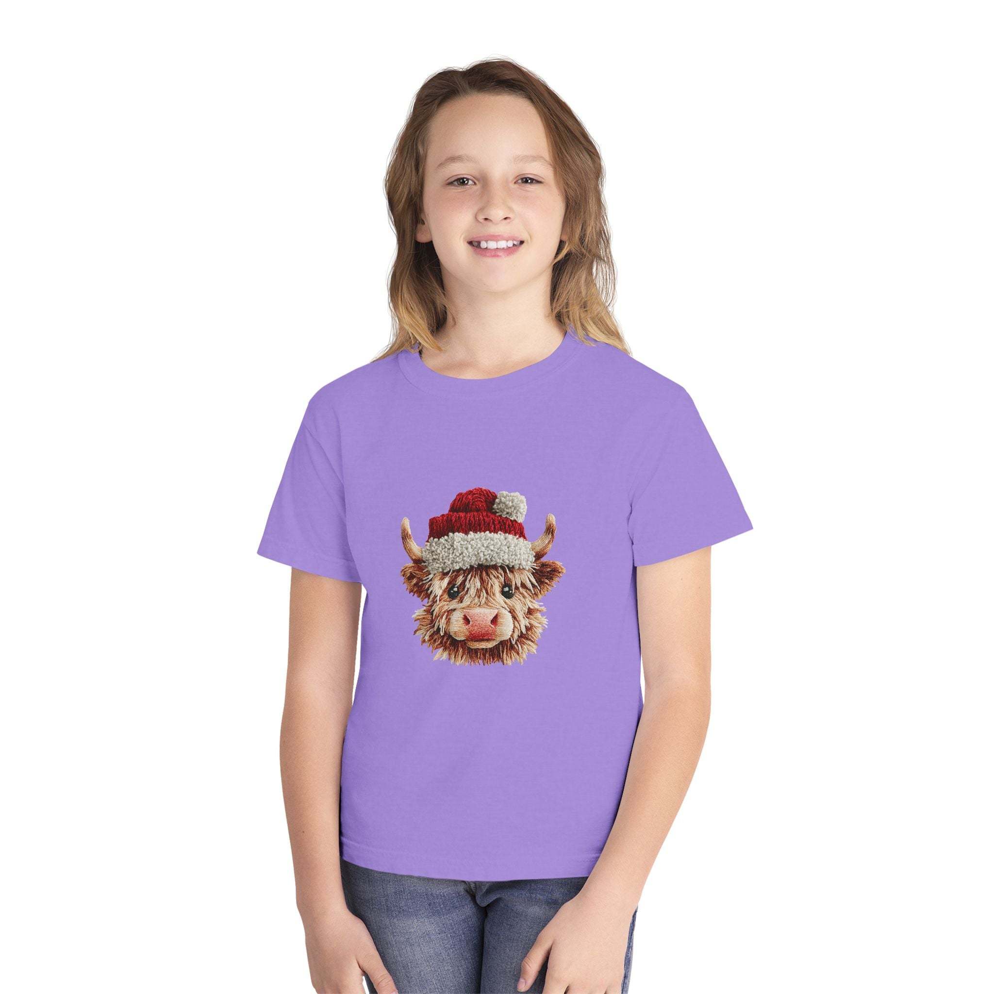 Santa Highland Cow Youth Tee — Faux Crochet Yarn Christmas Top