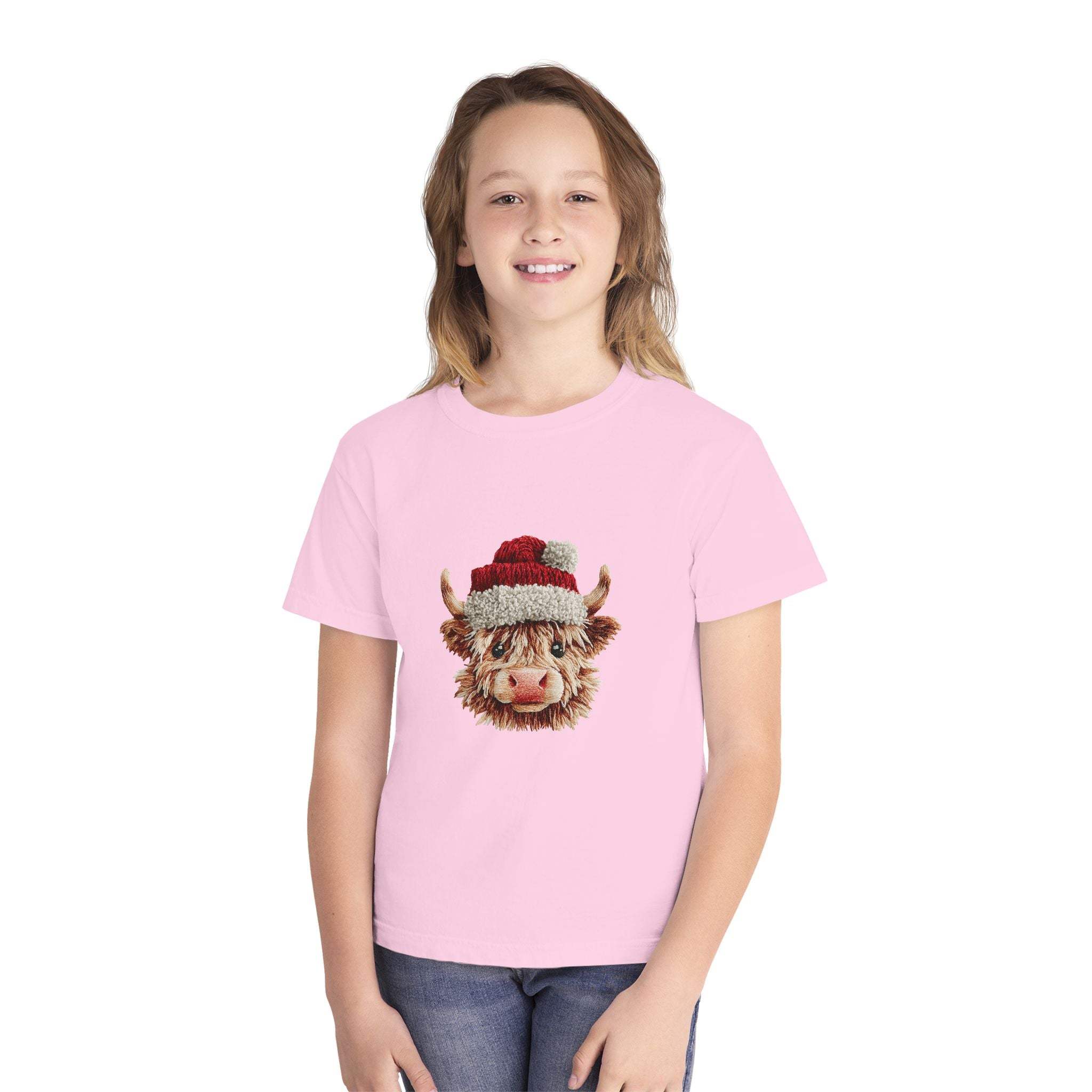 Santa Highland Cow Youth Tee with faux crochet yarn design of Highland cow in Santa hat