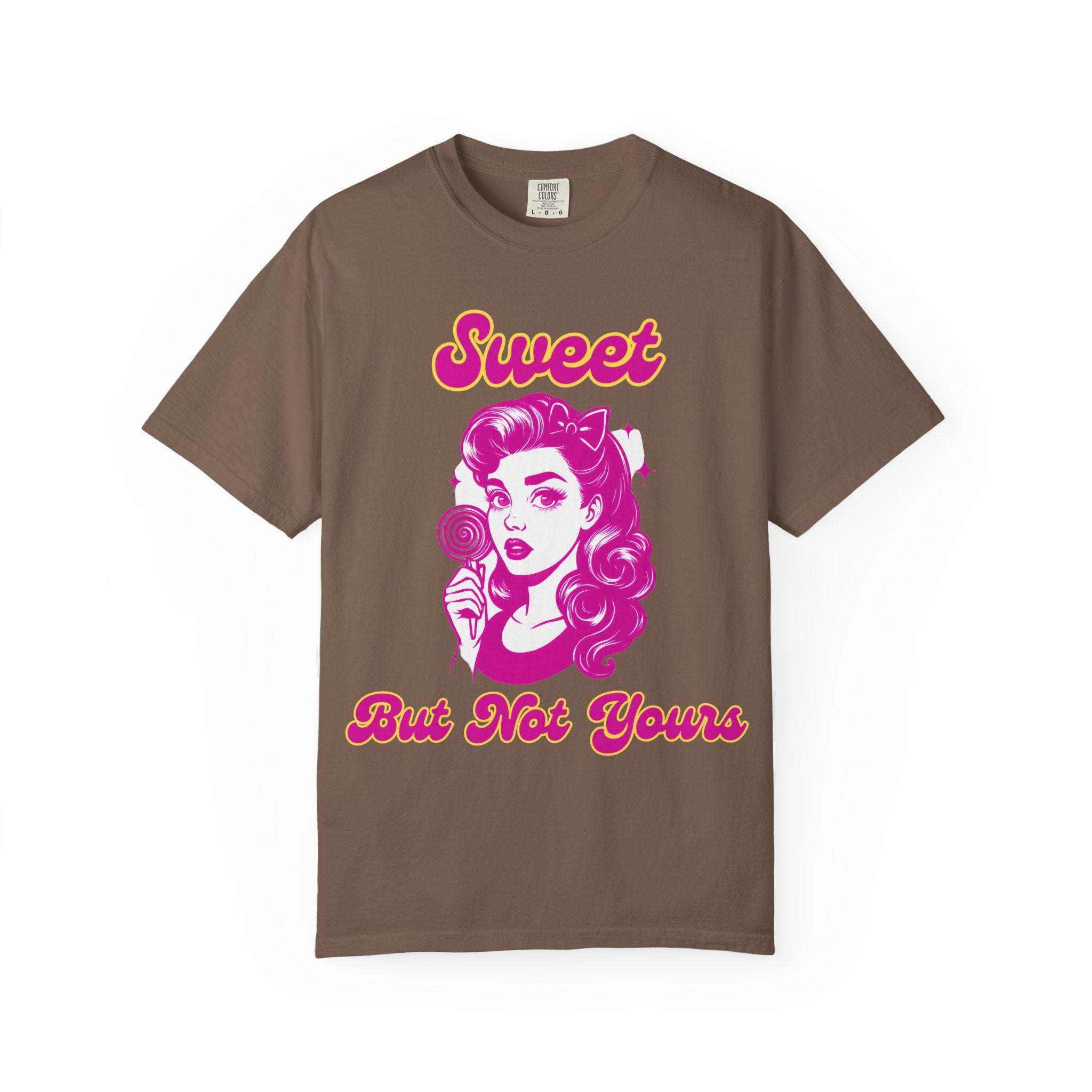 Black t-shirt with 'Sweet But Not Yours' bratcore design, made of comfortable cotton, by Printify.