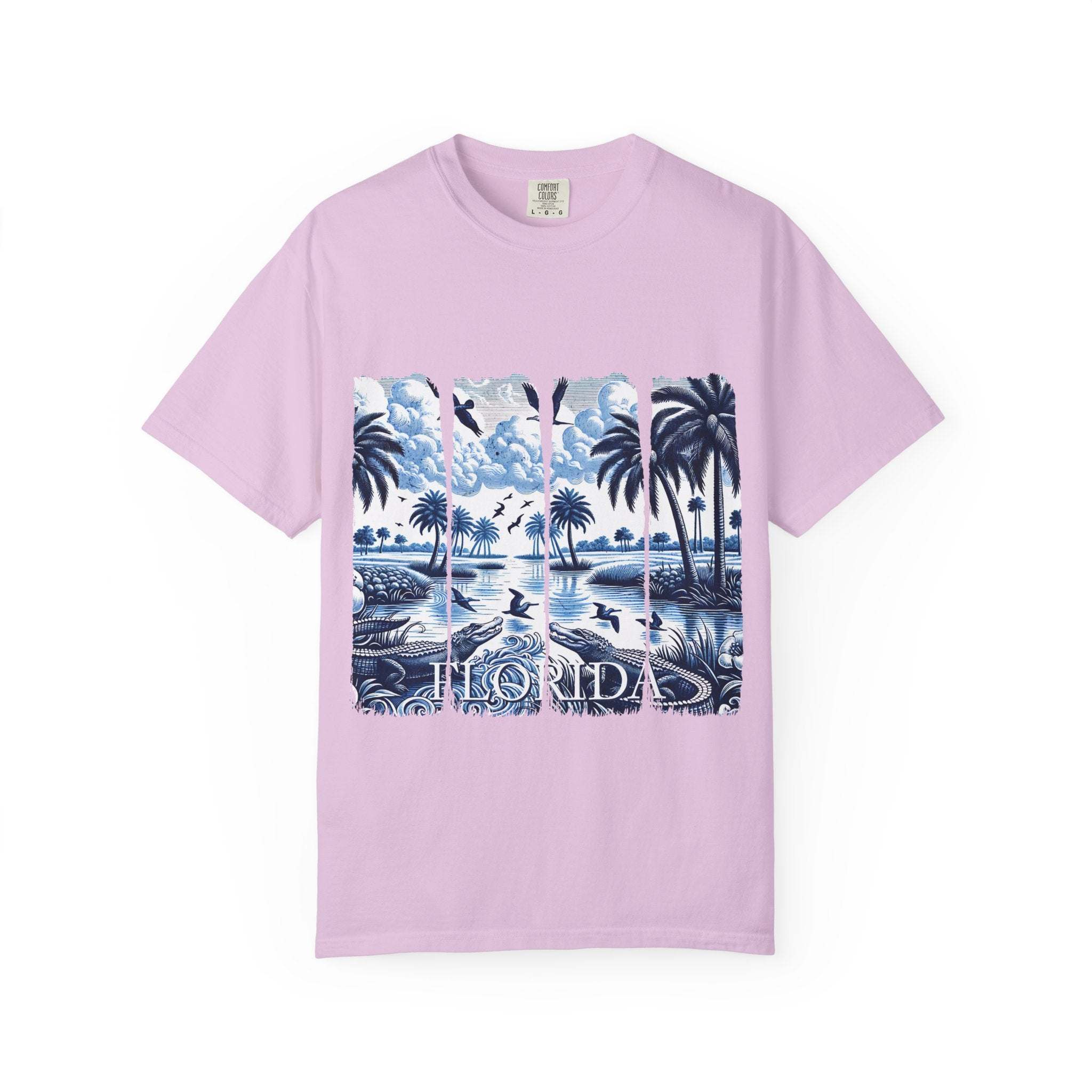 Blue Chinoise Brushstroke T-Shirt with soft blue chinoiserie brushwork on garment-dyed cotton tee