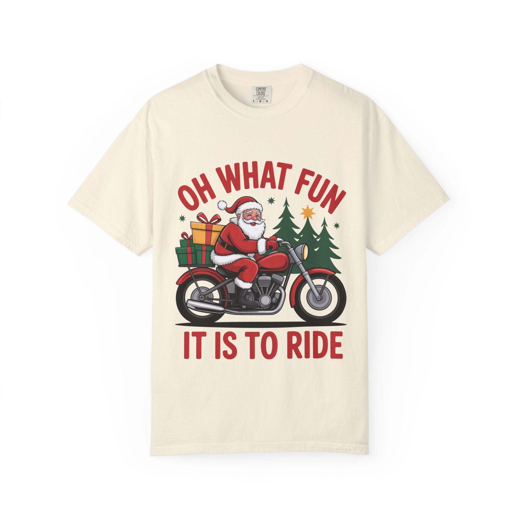 Santa on a motorcycle t-shirt with festive holiday design and "Oh What Fun It Is To Ride" text