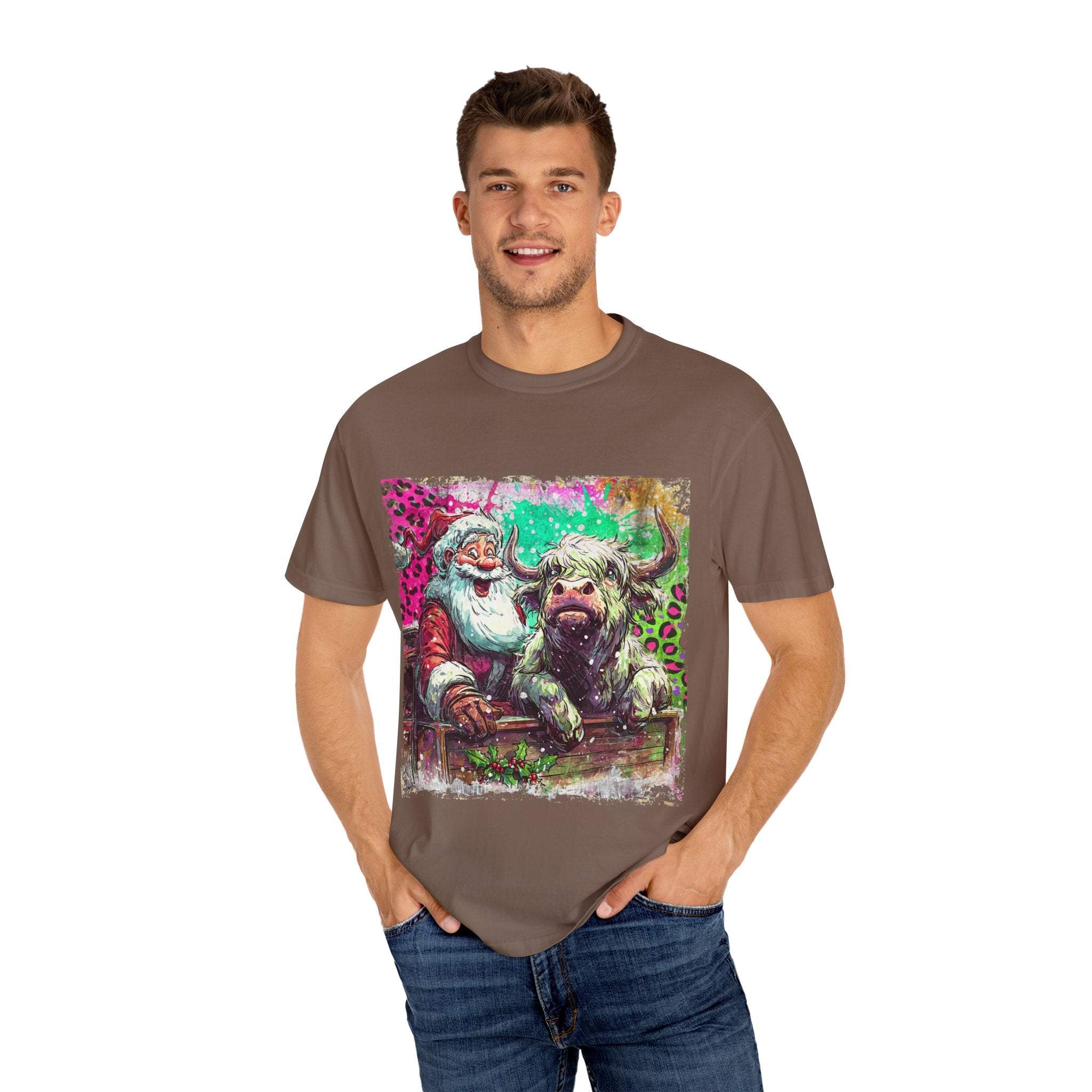 Retro Santa and Highland Cow graphic on a black t-shirt by Printify, perfect for festive holiday wear.