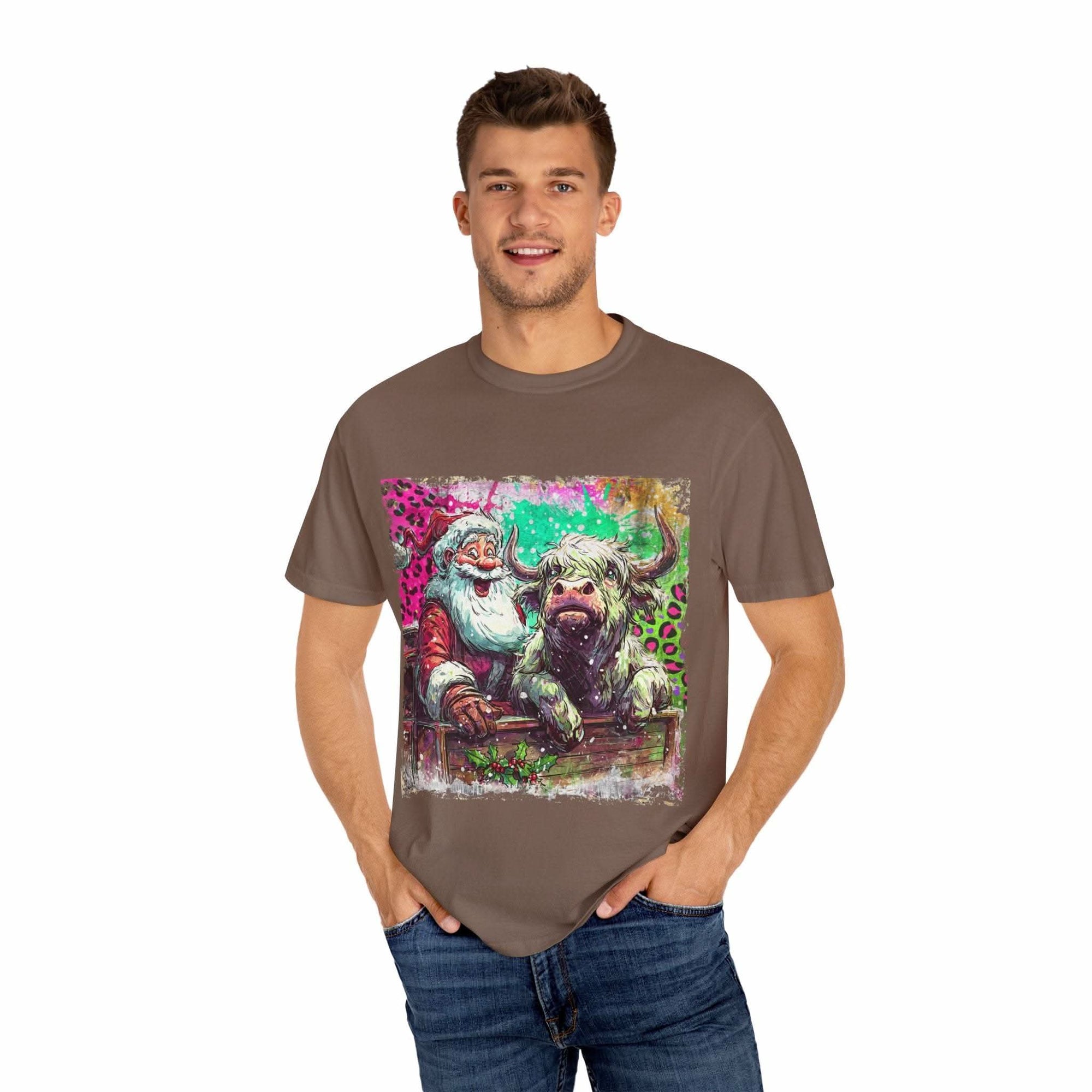 Retro Santa and Highland Cow graphic on a black t-shirt by Printify, perfect for festive holiday wear.