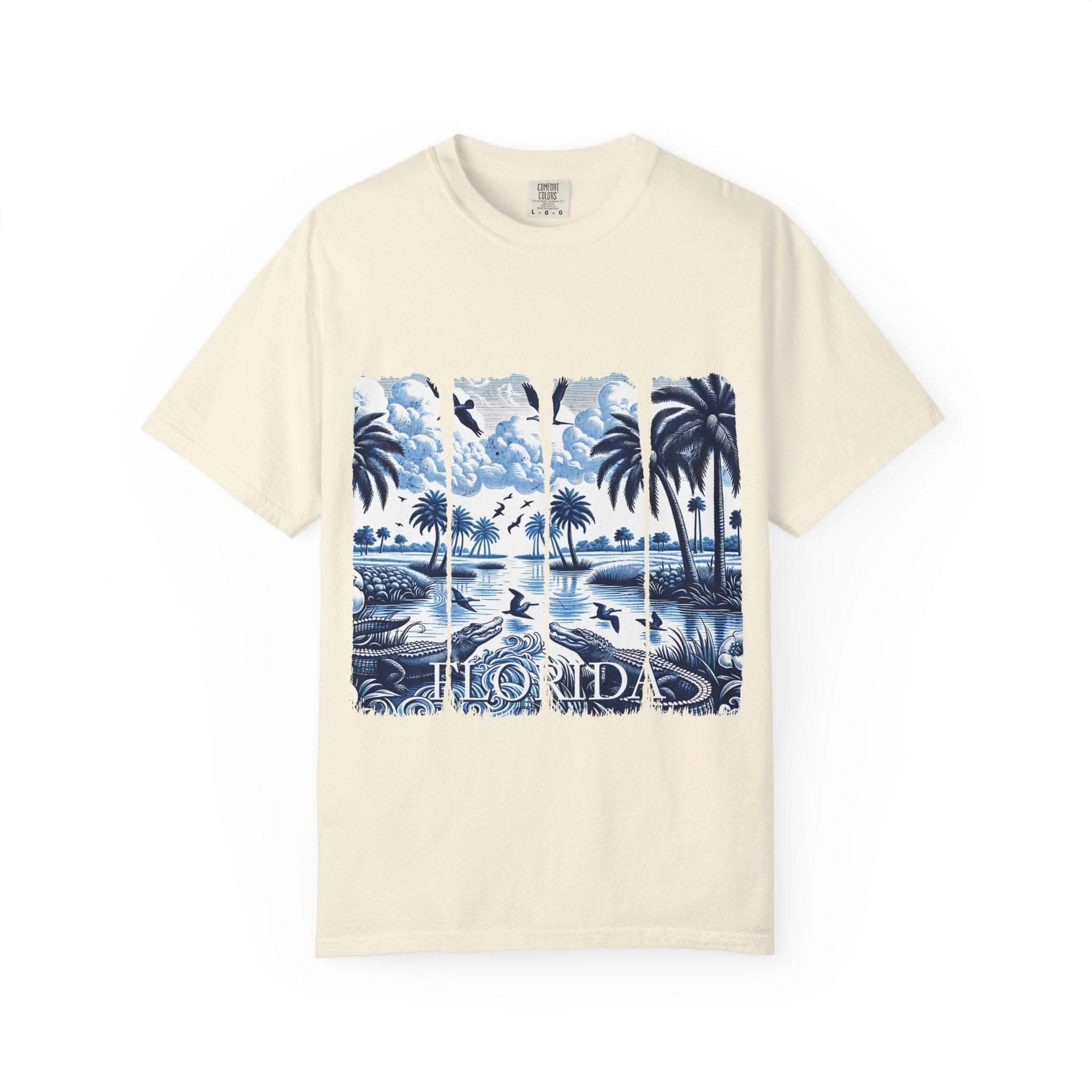 Blue Chinoise Brushstroke T-shirt with artistic blue chinoiserie brushstroke design on soft garment-dyed cotton