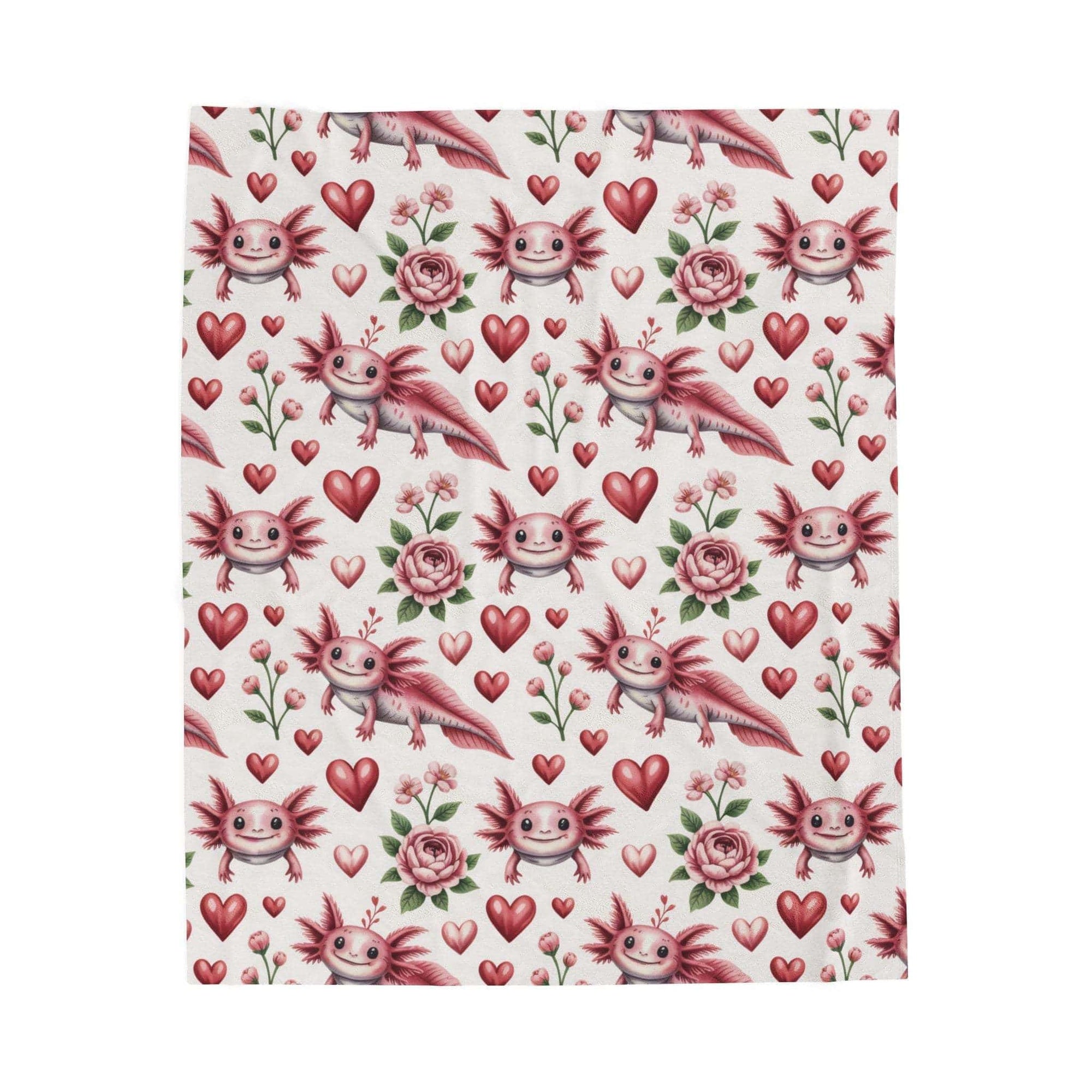 Floral axolotl printed velveteen blanket with heart and blossom design